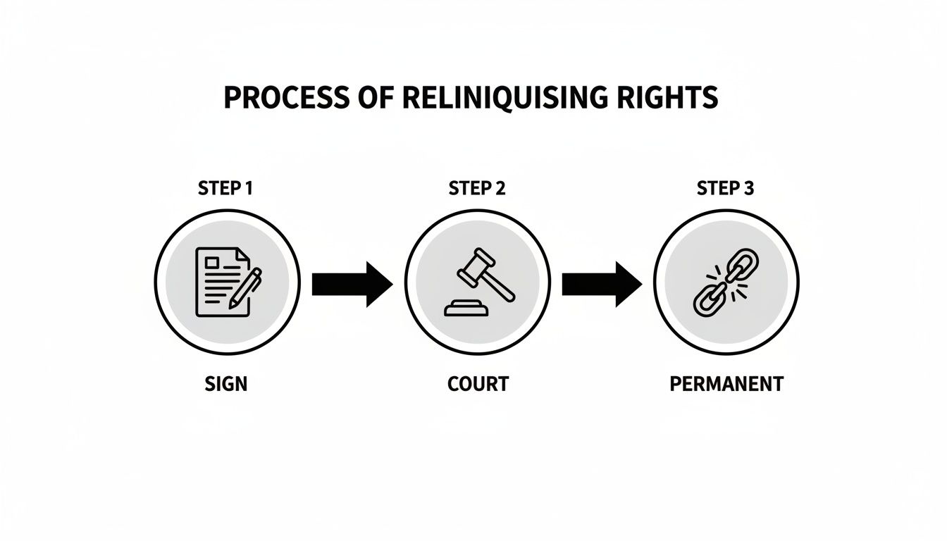 A visual infographic illustrating the three-step process of relinquishing rights: sign, court, and permanent.
