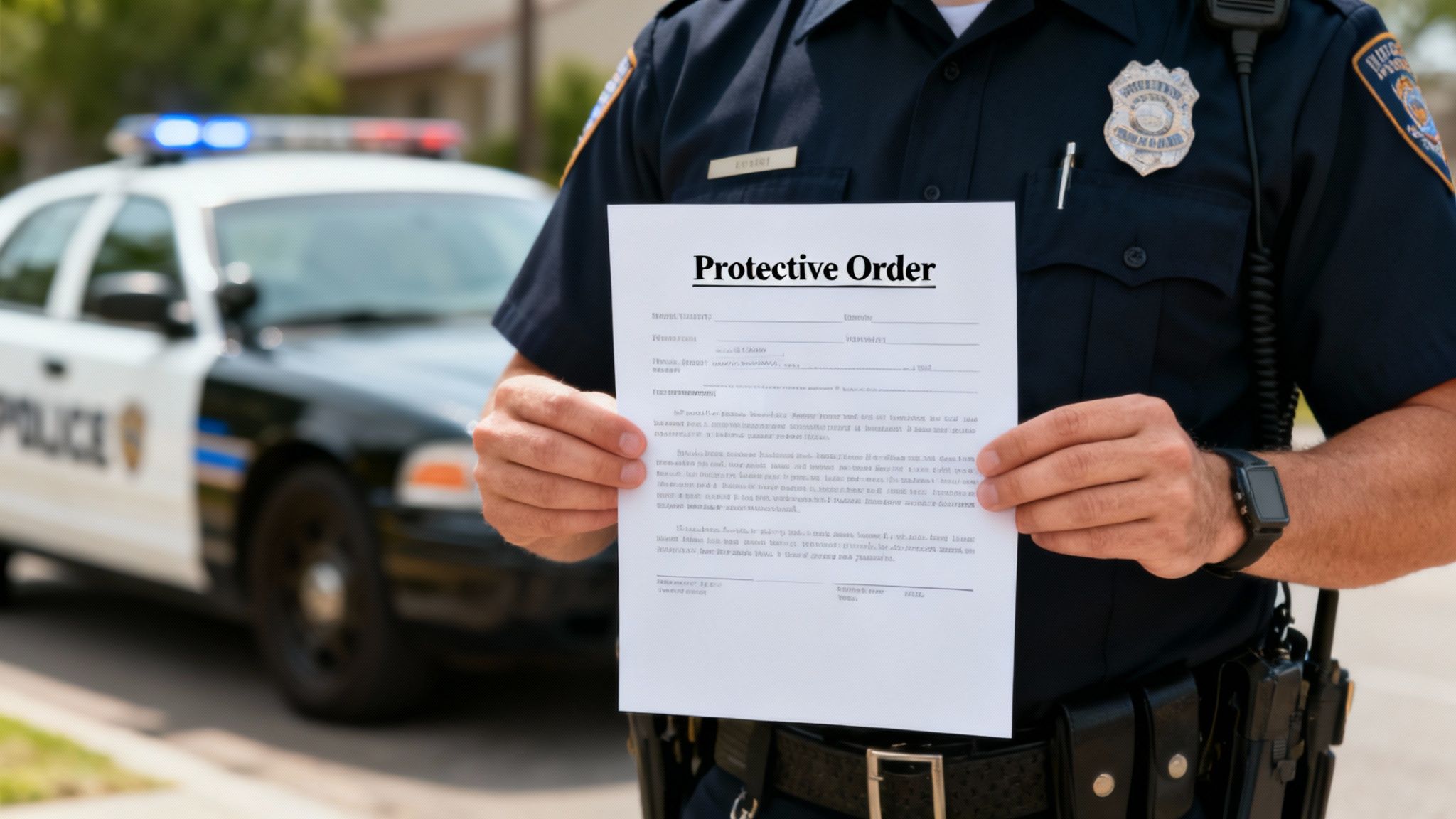 Texas law enforcement vehicle with a state flag emblem, representing the enforcement of court orders.