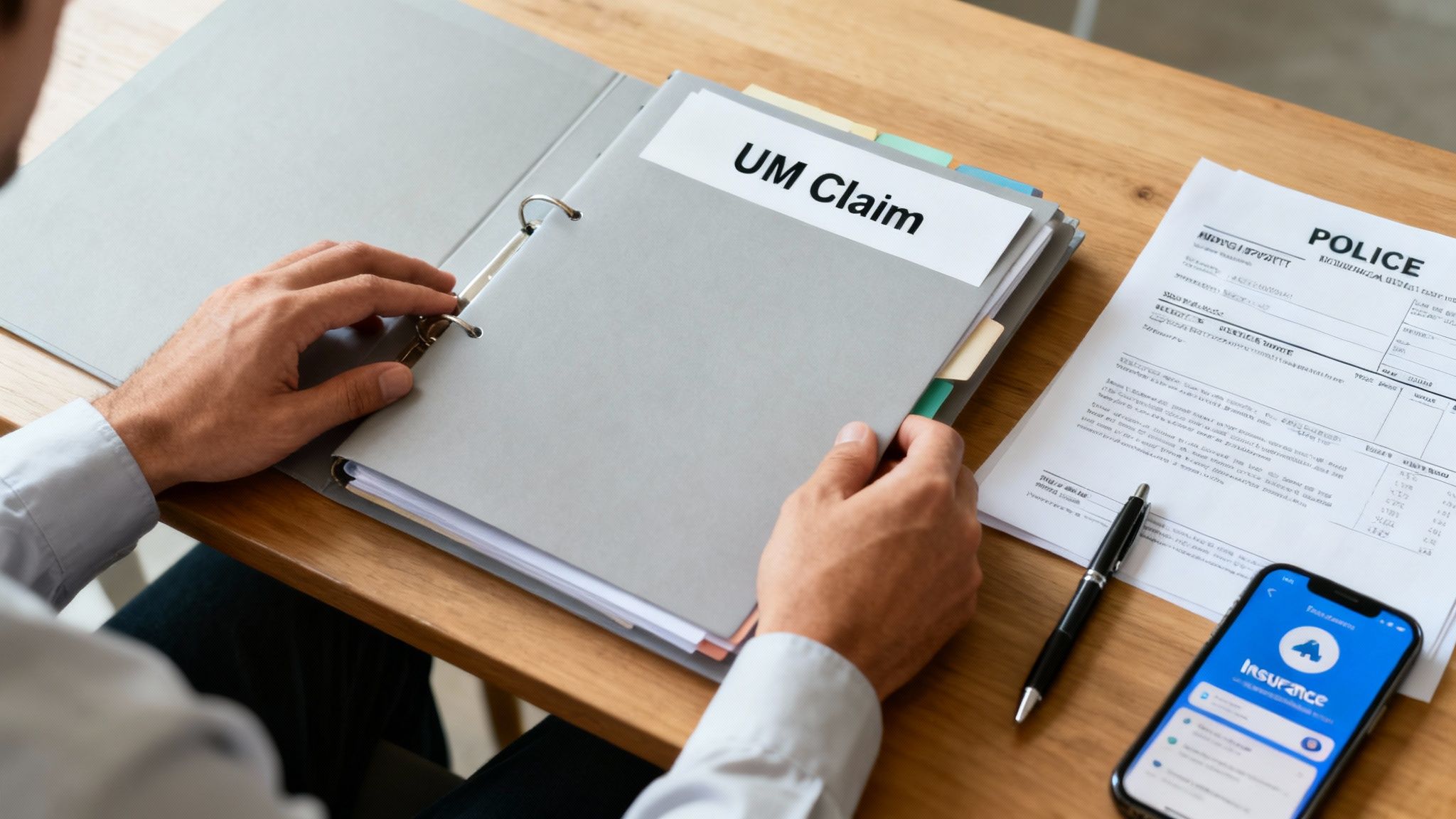 A person reviewing a "UM Claim" binder, police report, and insurance app on a wooden desk.