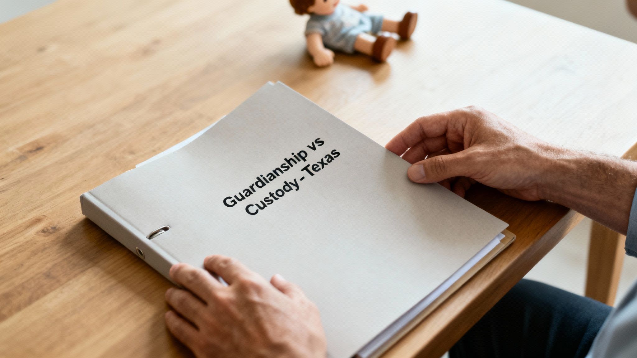 Hands holding a legal binder titled 'Guardianship vs Custody - Texas' on a wooden table with a doll nearby.