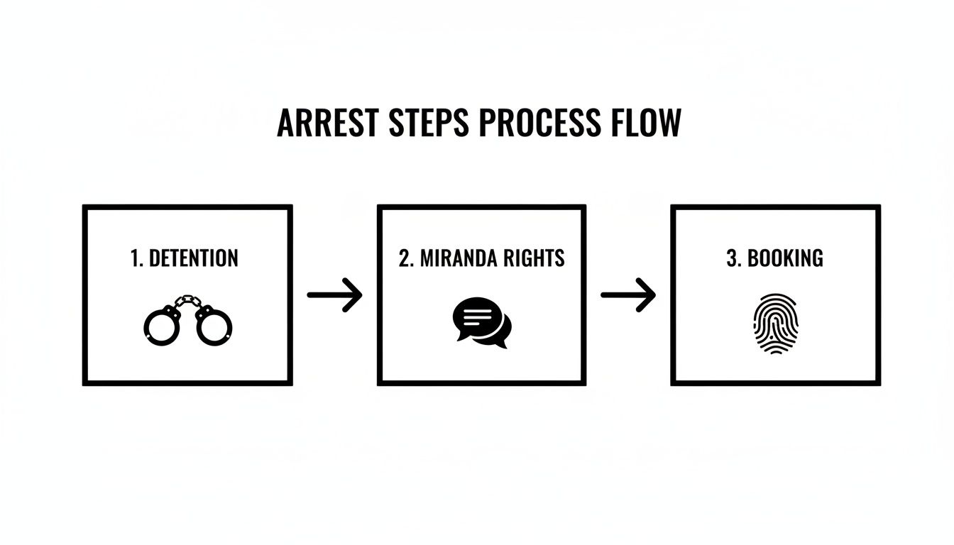Process flow diagram showing three steps of an arrest: detention, Miranda rights, and booking.