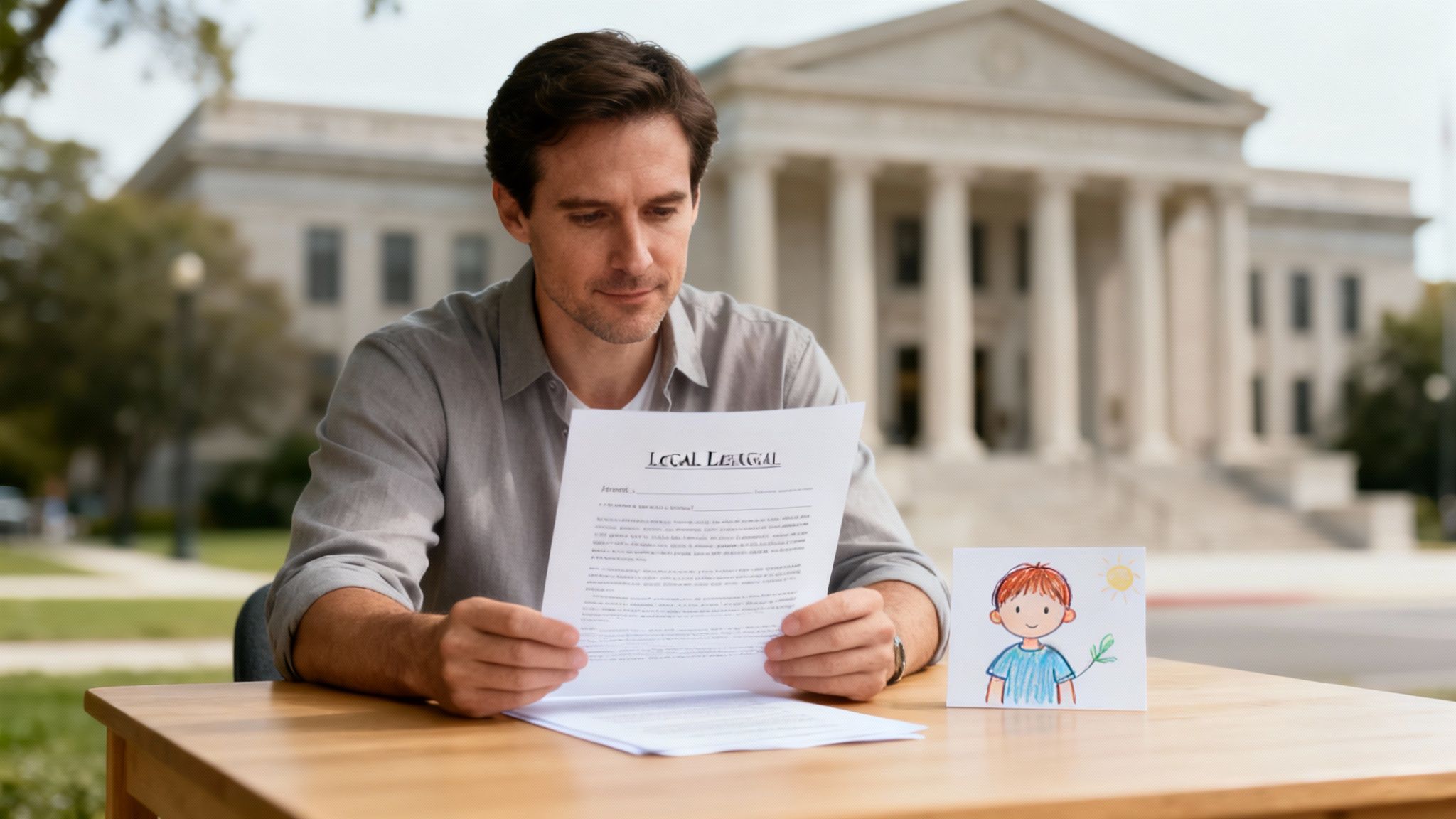 A man intently reads legal documents outdoors, a child's drawing of a boy on the table.