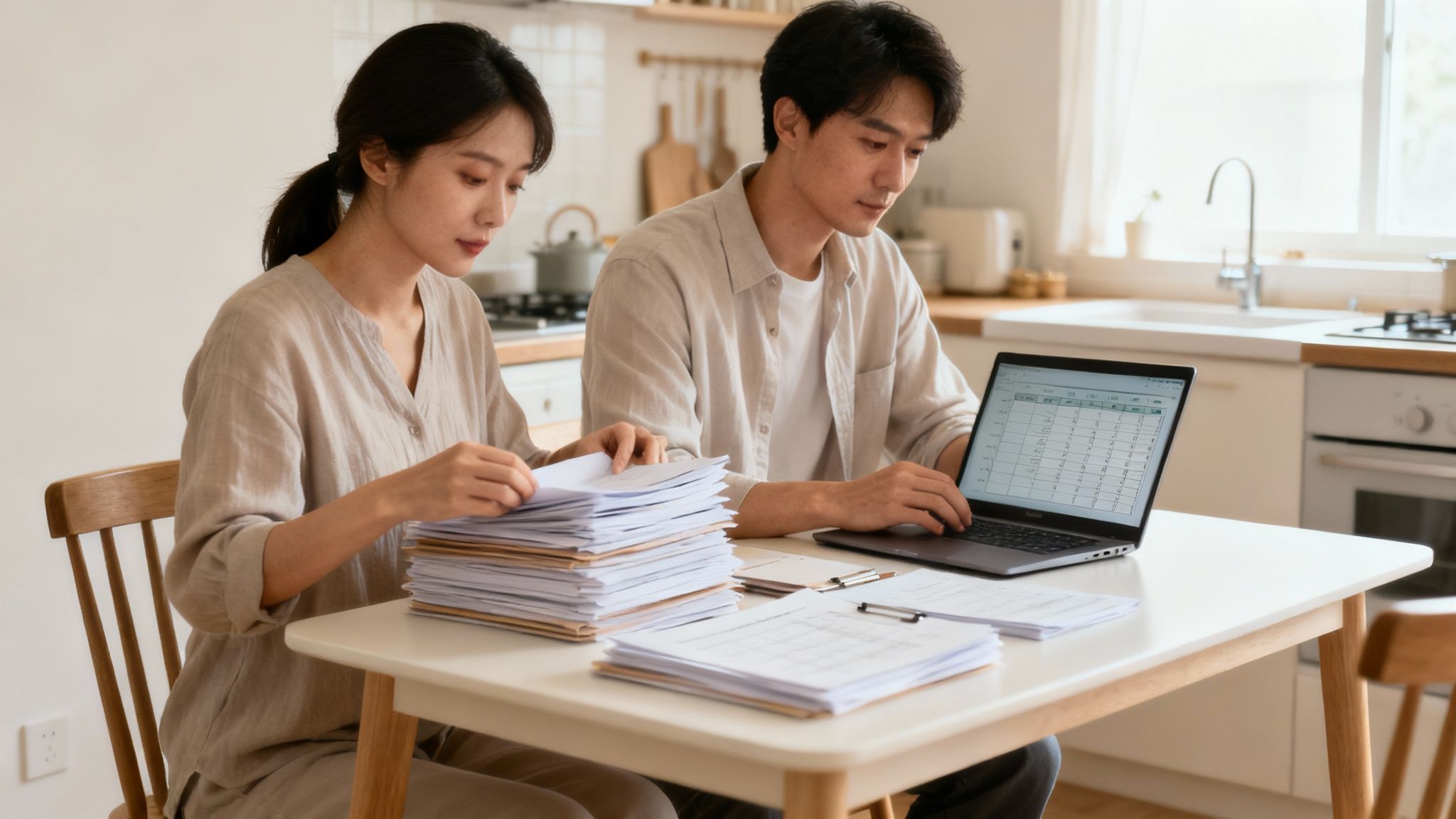 A person organizing financial documents at a desk, looking calm and in control.