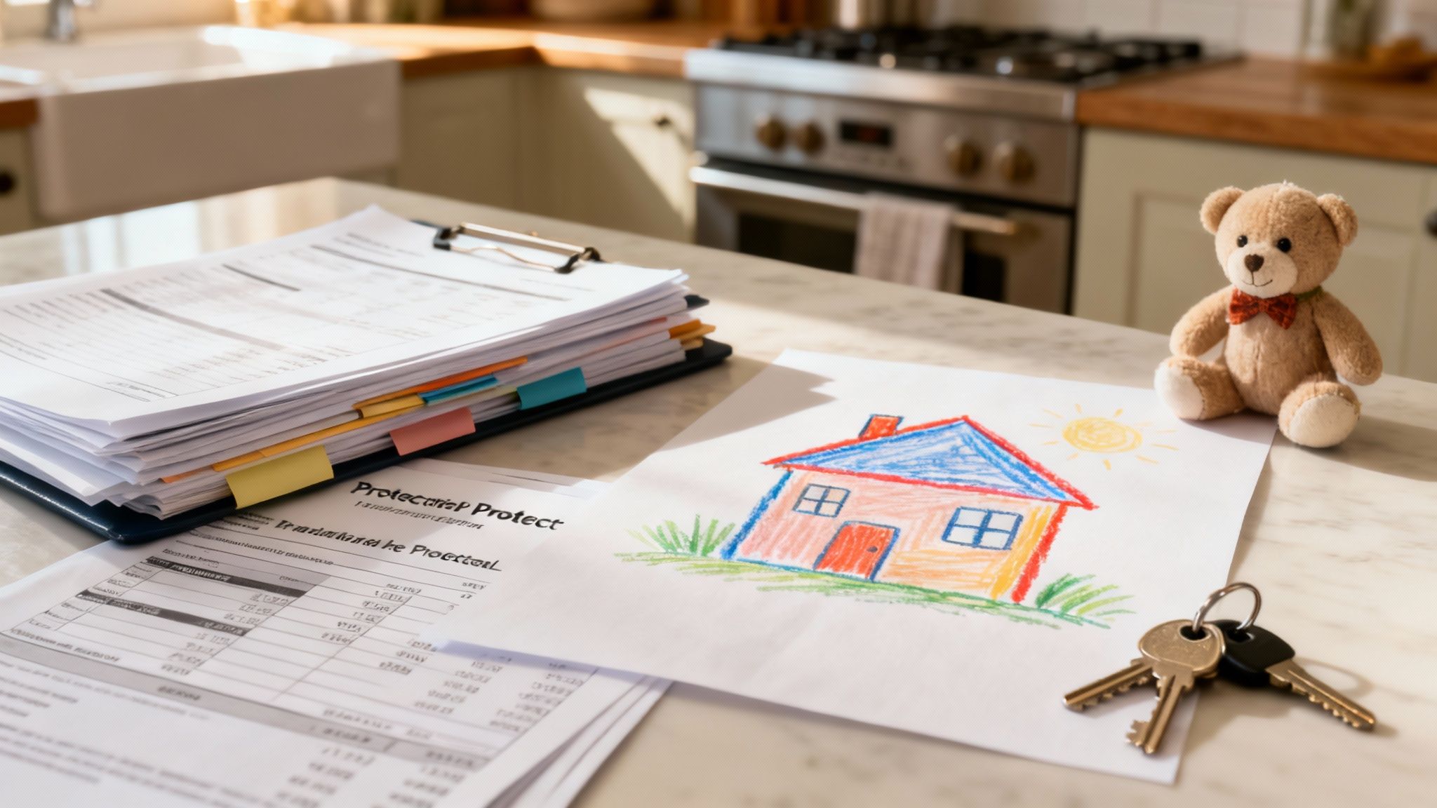 Documents, a child's house drawing, keys, and a teddy bear on a kitchen counter, symbolizing home and protection.