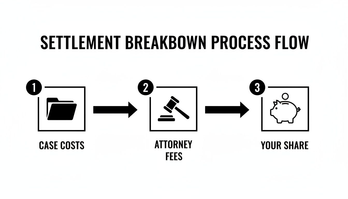 Settlement breakdown process flow: case costs, attorney fees, and your share, explained visually.