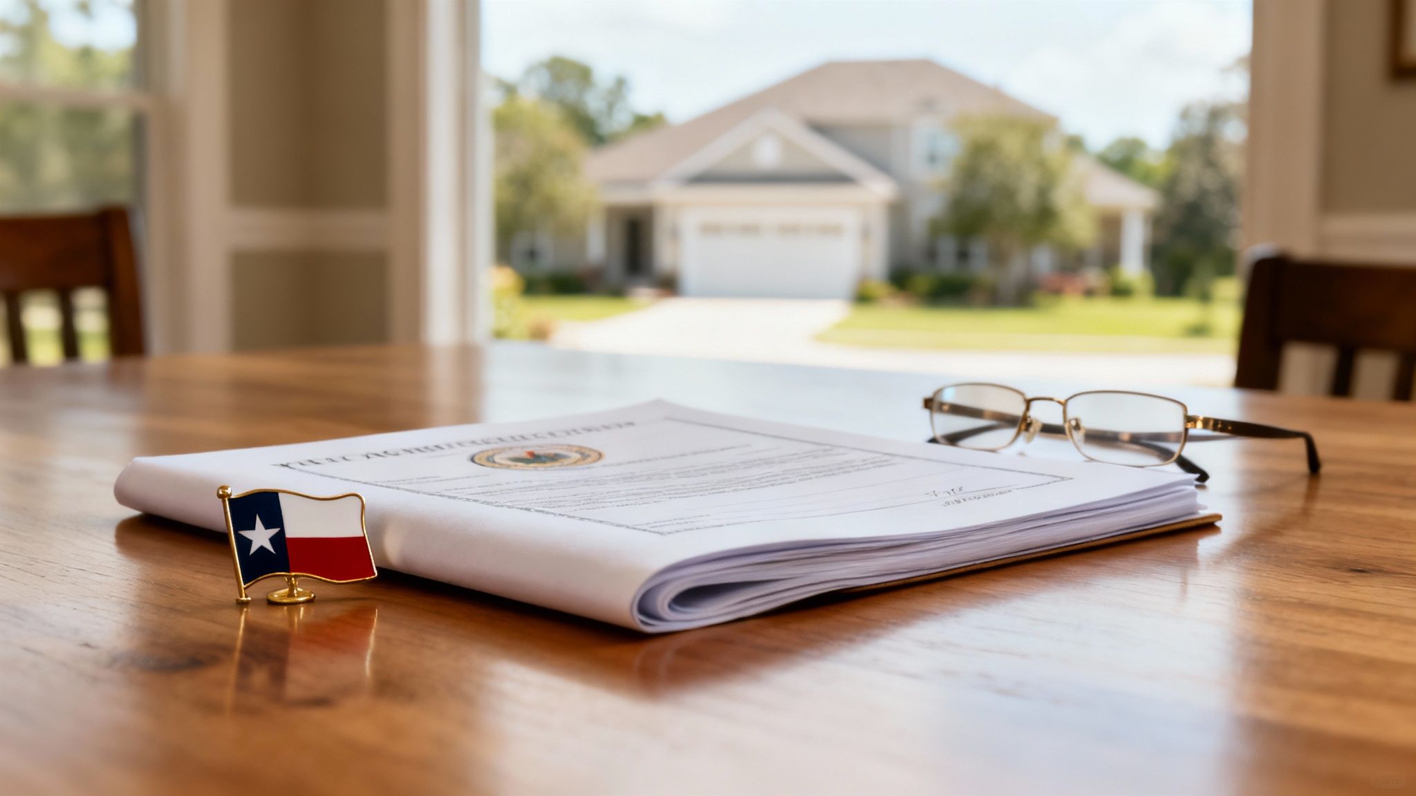 Texas flag pin, estate planning documents, glasses on wooden table, house in background, symbolizing probate process in Kingwood, Texas.