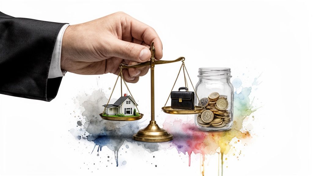 A hand holds a brass scale balancing a house model and a miniature briefcase, next to a jar of coins.