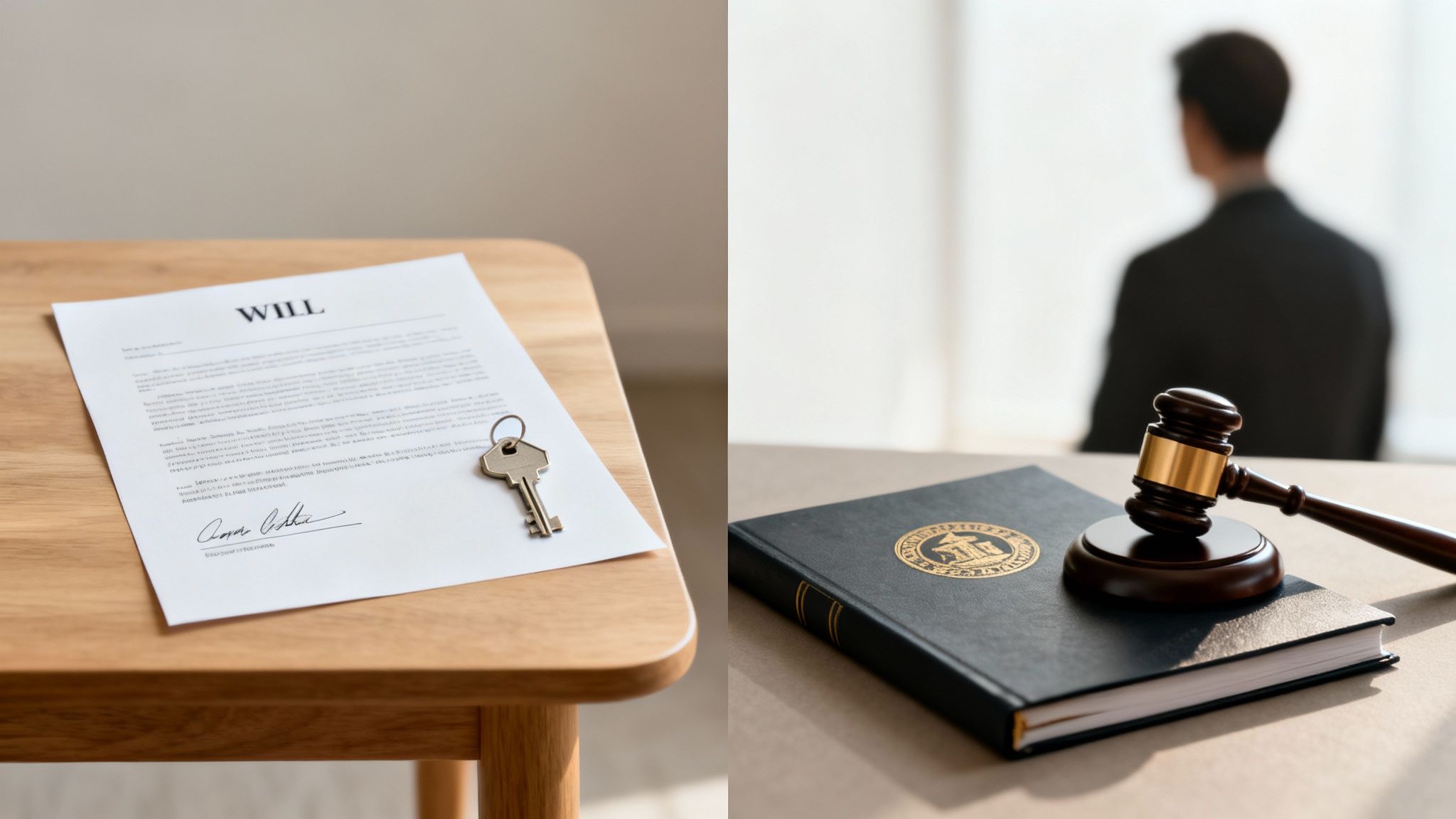 Document labeled "WILL" with a key on a table, alongside a gavel and legal book, symbolizing estate management and probate roles in Texas.