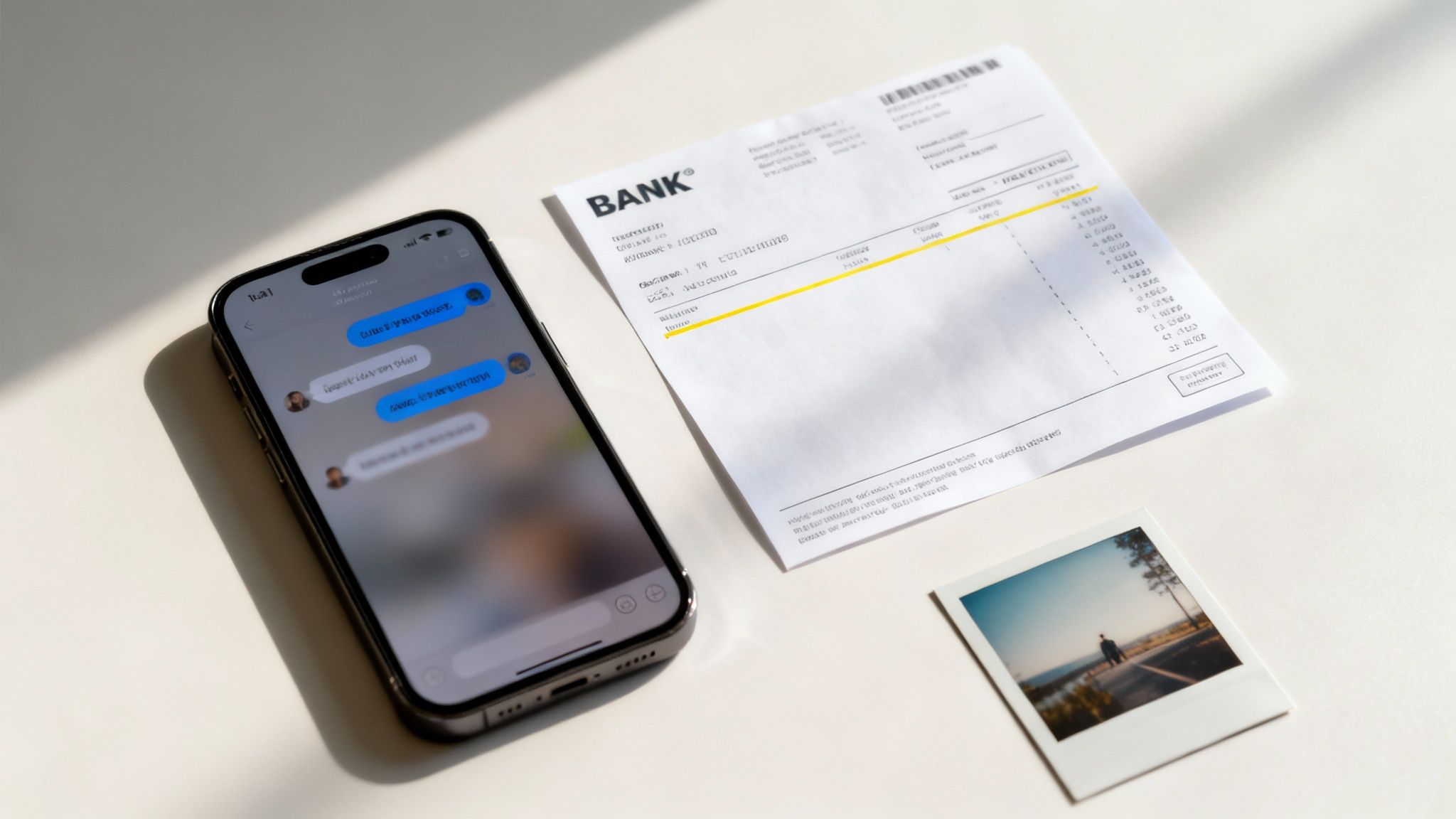 A flat lay shows a smartphone with blurred messages, a bank statement, and a polaroid photo on a light surface.