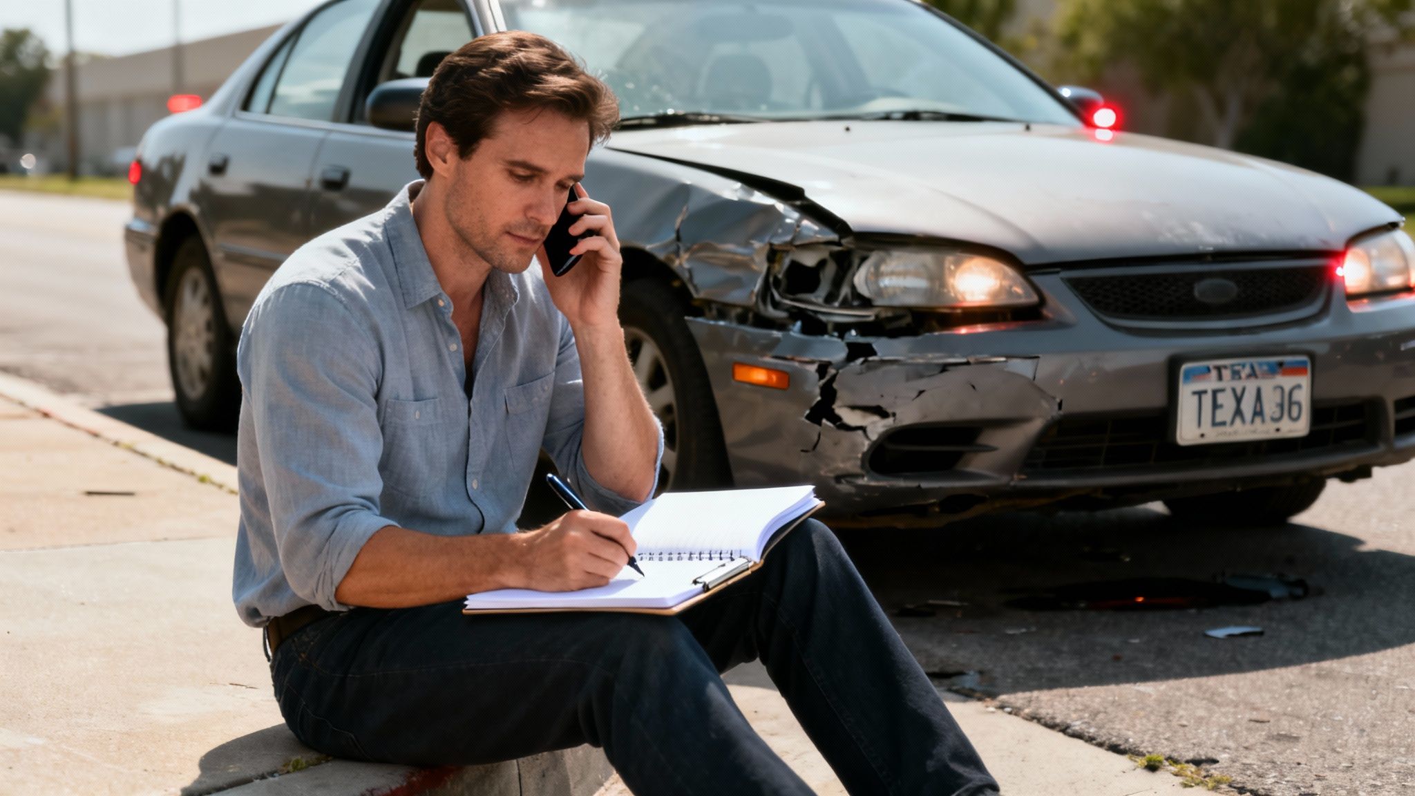 A man documents the scene of a car accident, making a phone call and writing notes.