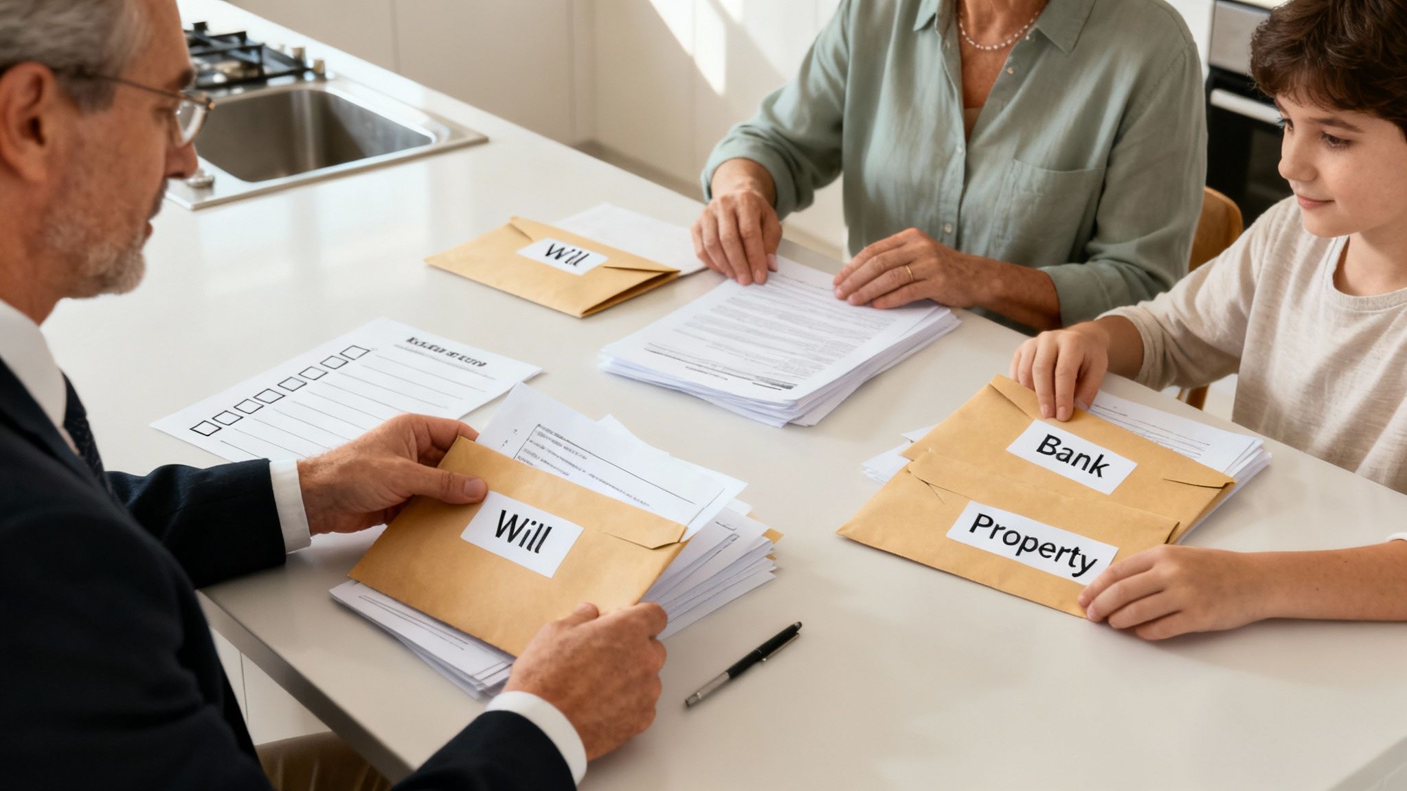Three people reviewing legal documents and labeled envelopes for estate planning on a table.