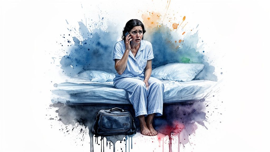 Woman in pajamas sitting on bed, holding phone with a worried expression, symbolizing the stress of receiving a late-night call about a loved one's arrest in Harris County.