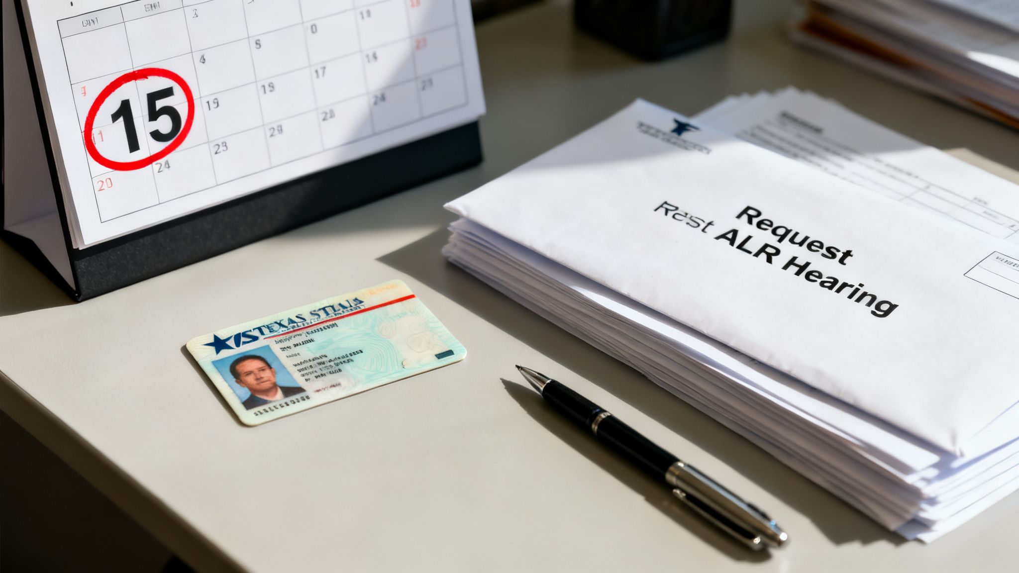 Desk scene with a calendar showing the 15th circled, a Texas ID, and ALR hearing request letters.