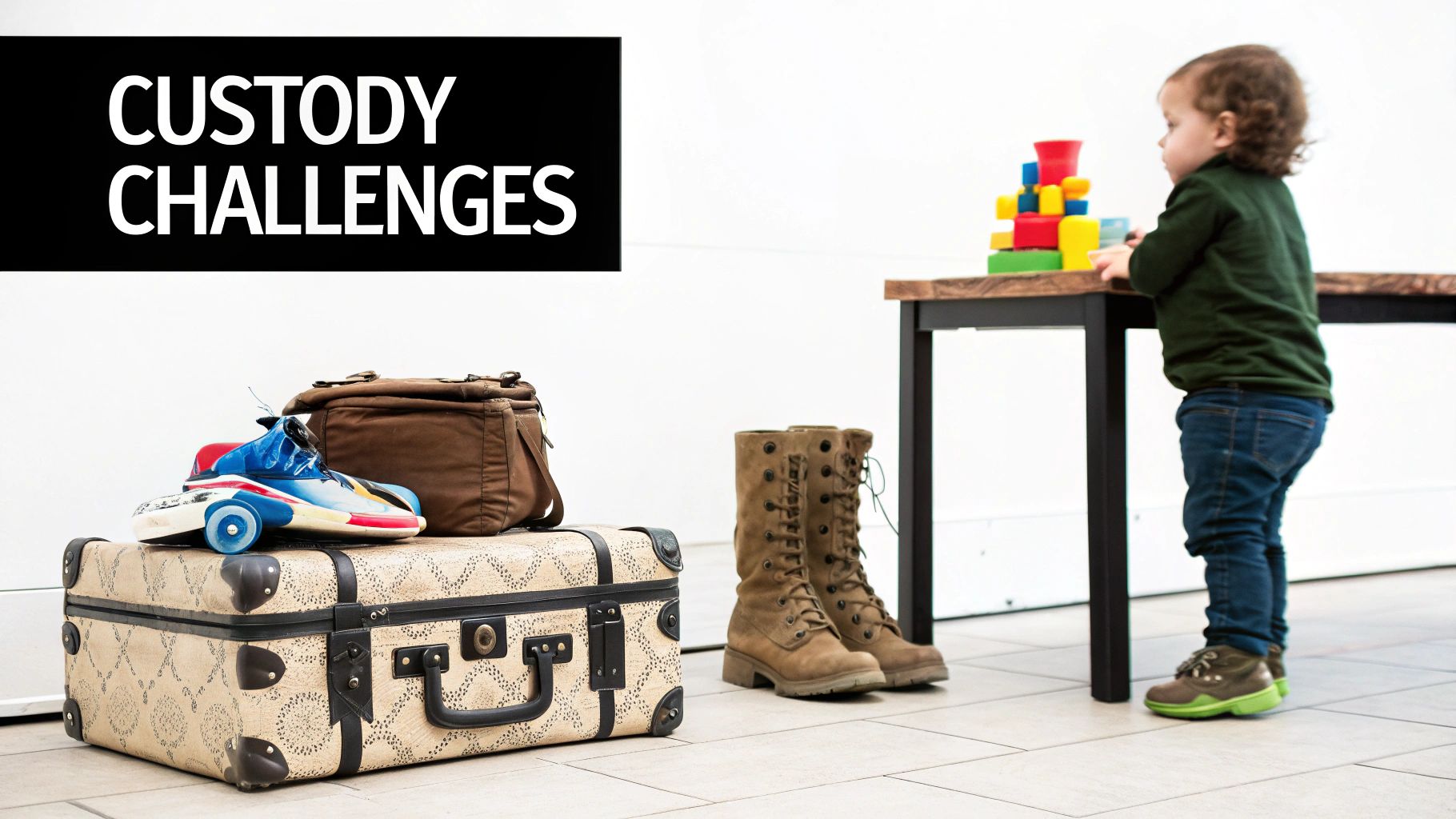 Text 'CUSTODY CHALLENGES' above luggage with a toy car, boots, and a child playing with blocks.