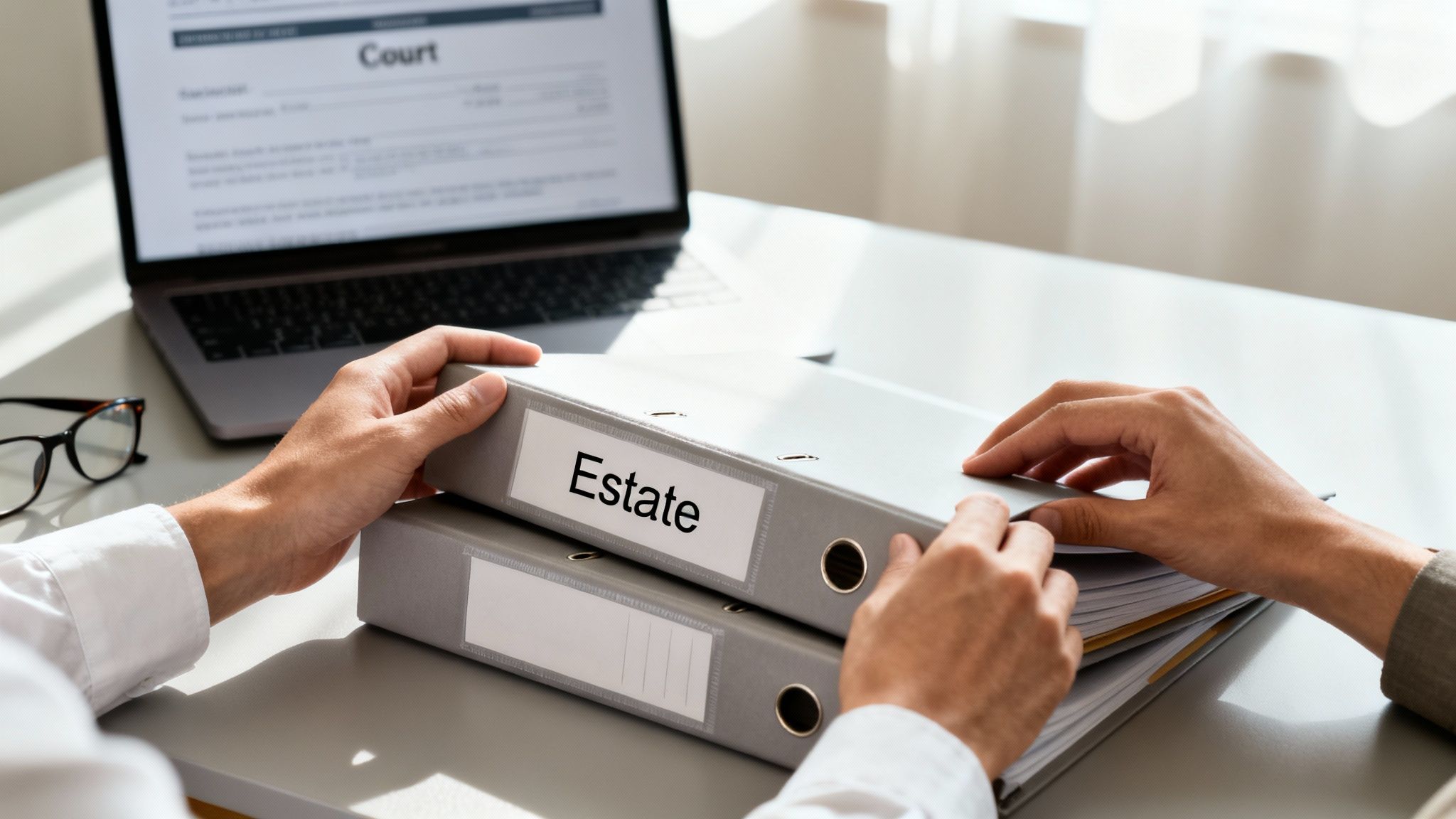 Close-up of hands organizing 'Estate' binders next to a laptop displaying court information.