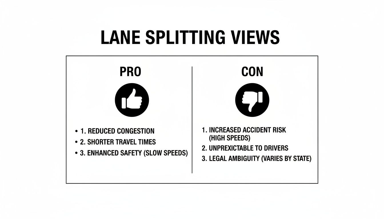 A pro and con list discussing lane splitting views, featuring a thumbs-up and thumbs-down icons.