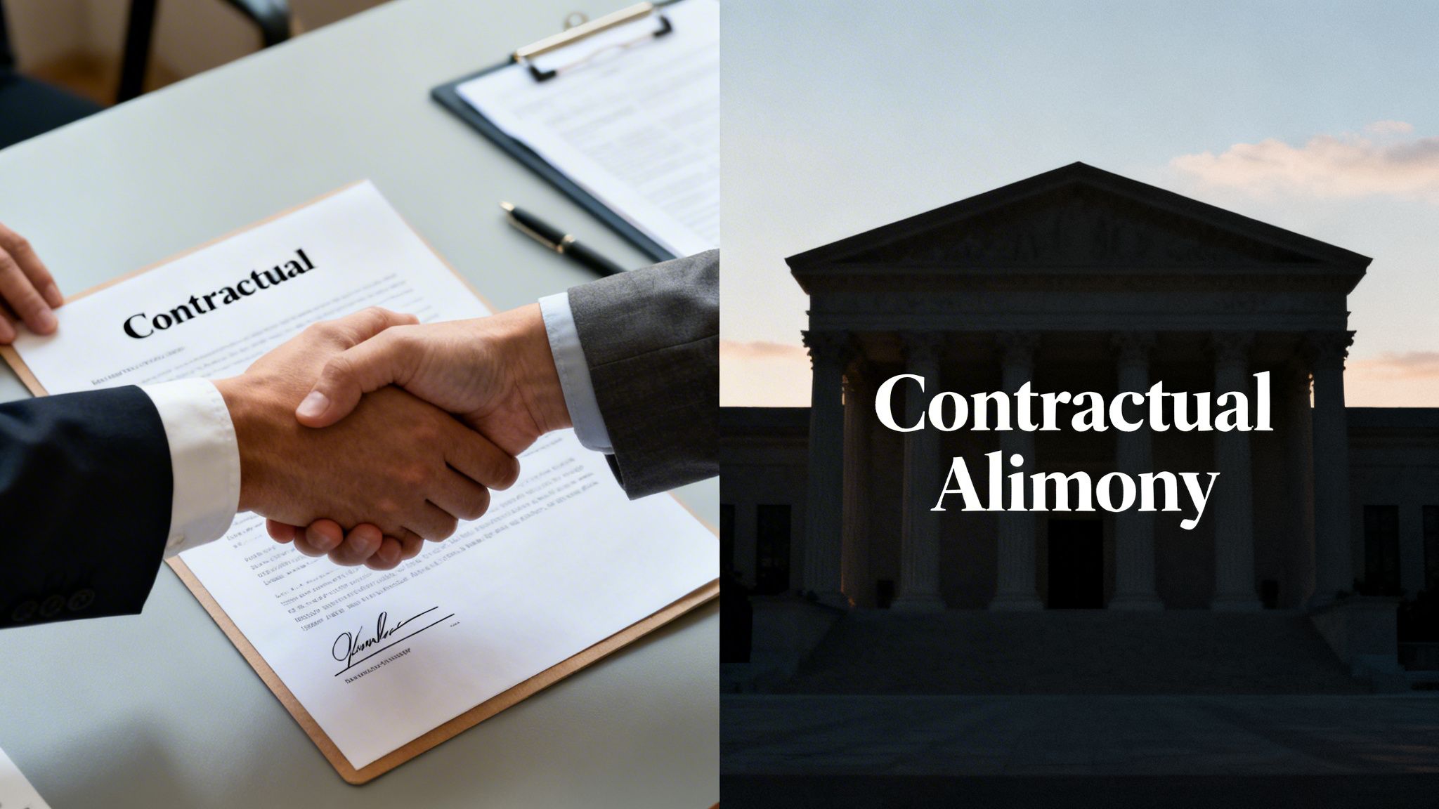 Two businesspeople shake hands over a contractual document, juxtaposed with a courthouse and 'Contractual Alimony' text.