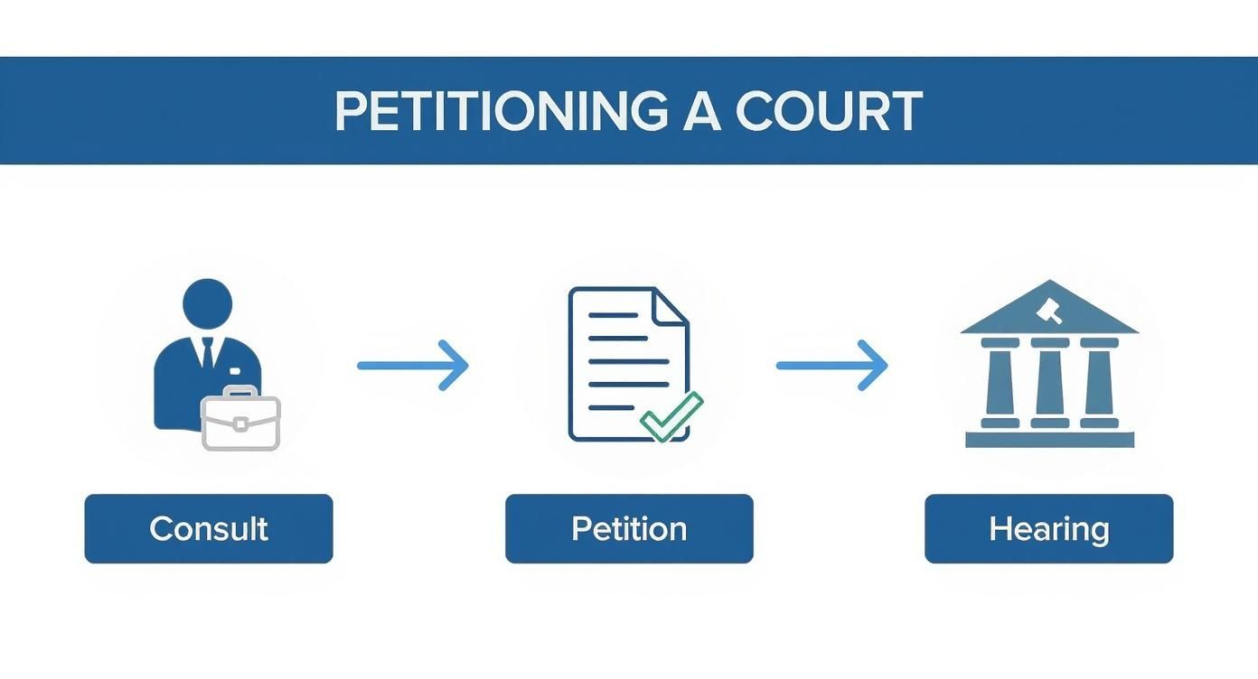Infographic illustrating the steps for petitioning a court: consultation with an attorney, submitting a petition, and attending a hearing, with relevant icons and titles.