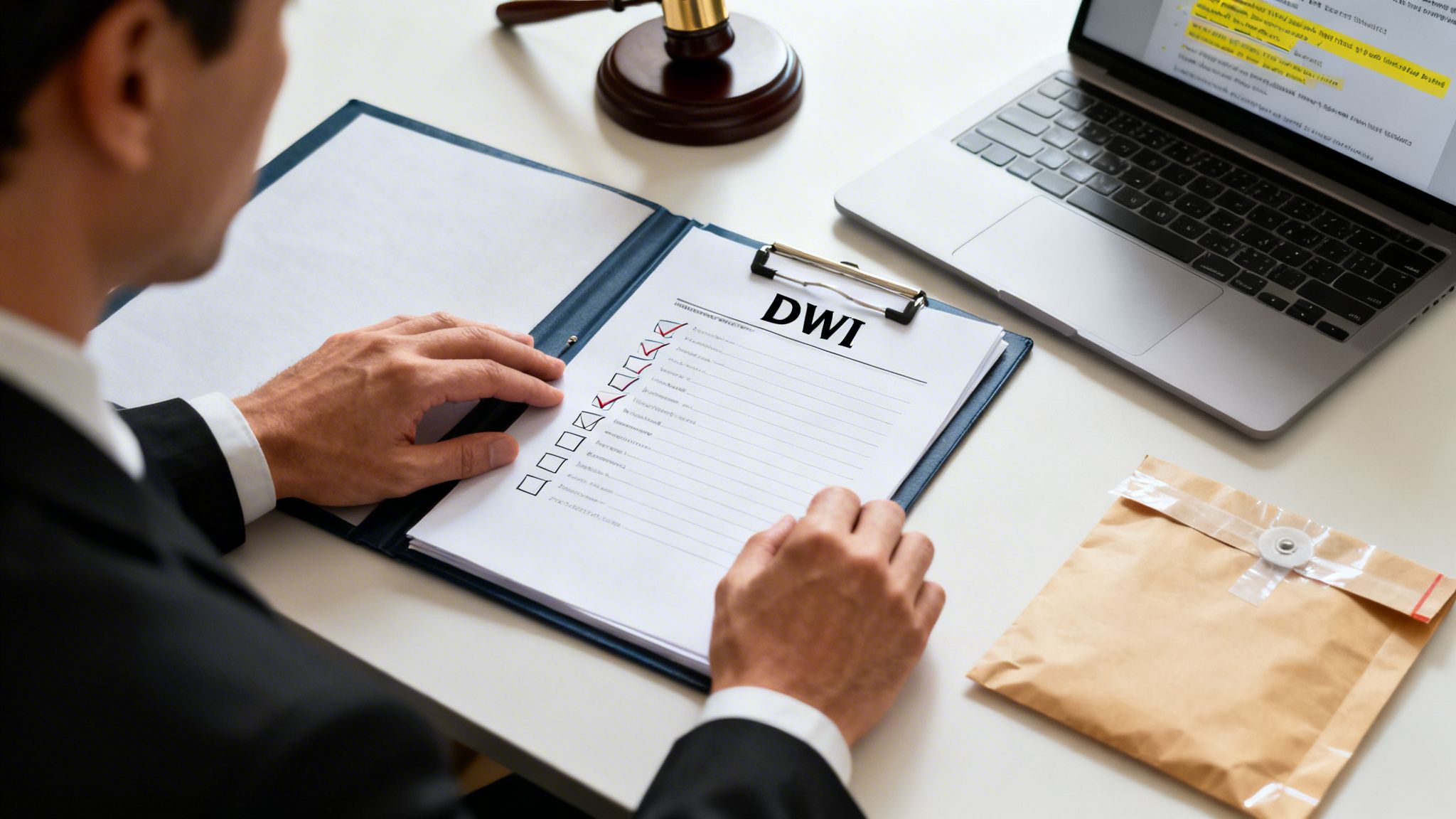 A person in a suit reviewing a DWI checklist on a clipboard with a gavel and laptop.