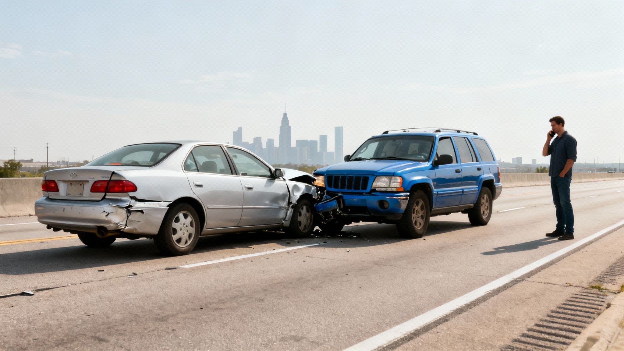 A rear-end car accident on a highway with a man calling for assistance.