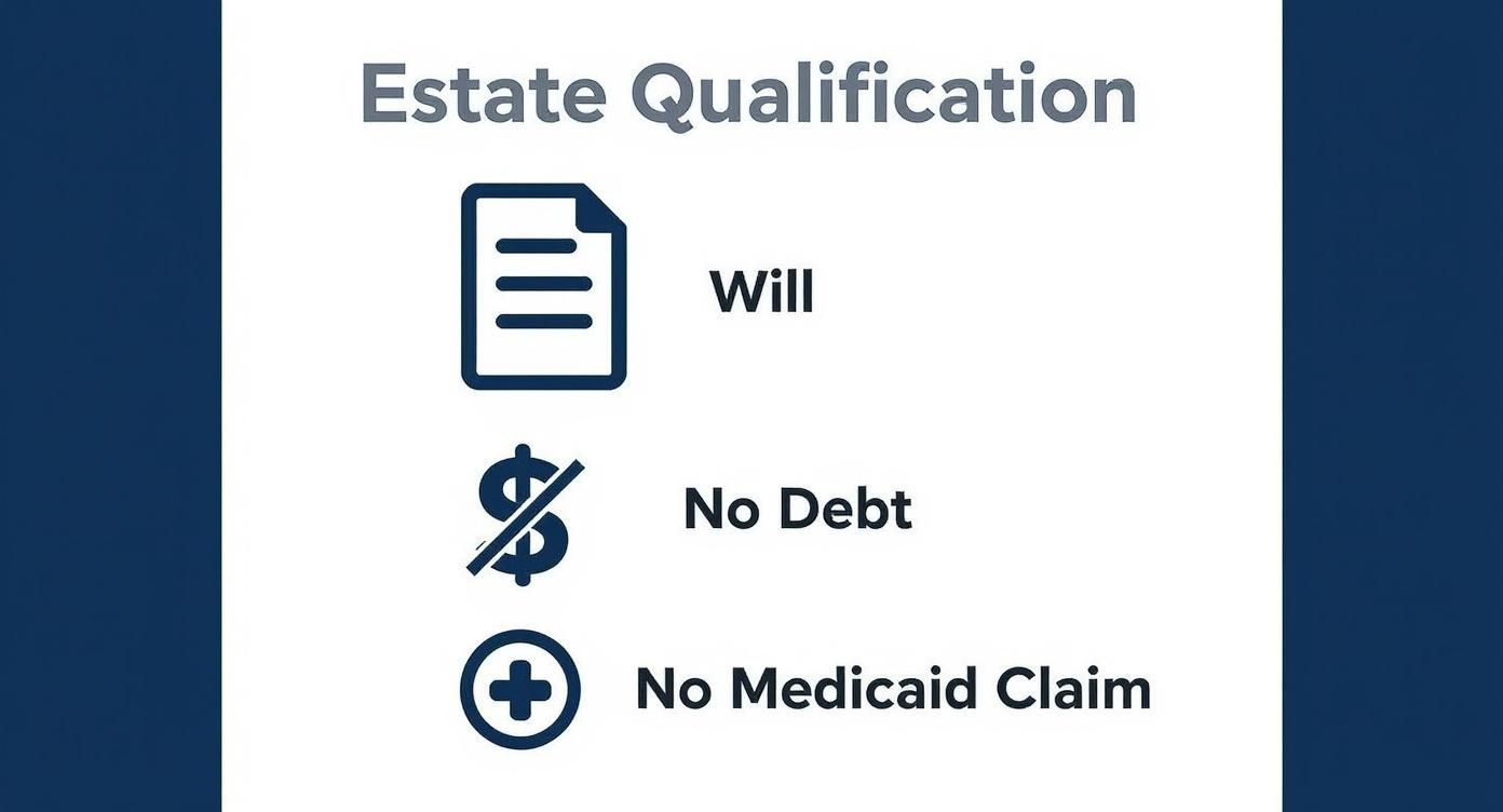 Estate qualification infographic highlighting requirements: valid Will, absence of Debt, and no Medicaid Claim, related to Muniment of Title process in Texas.