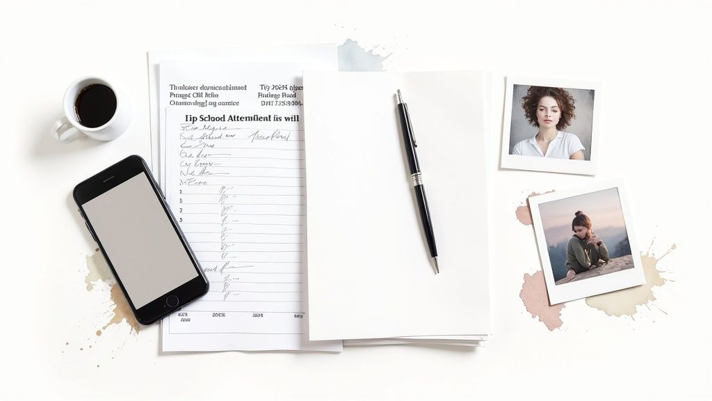 Documenting evidence for child custody case, including a smartphone, coffee cup, blank notepad, and photographs of women, emphasizing preparation for legal proceedings.