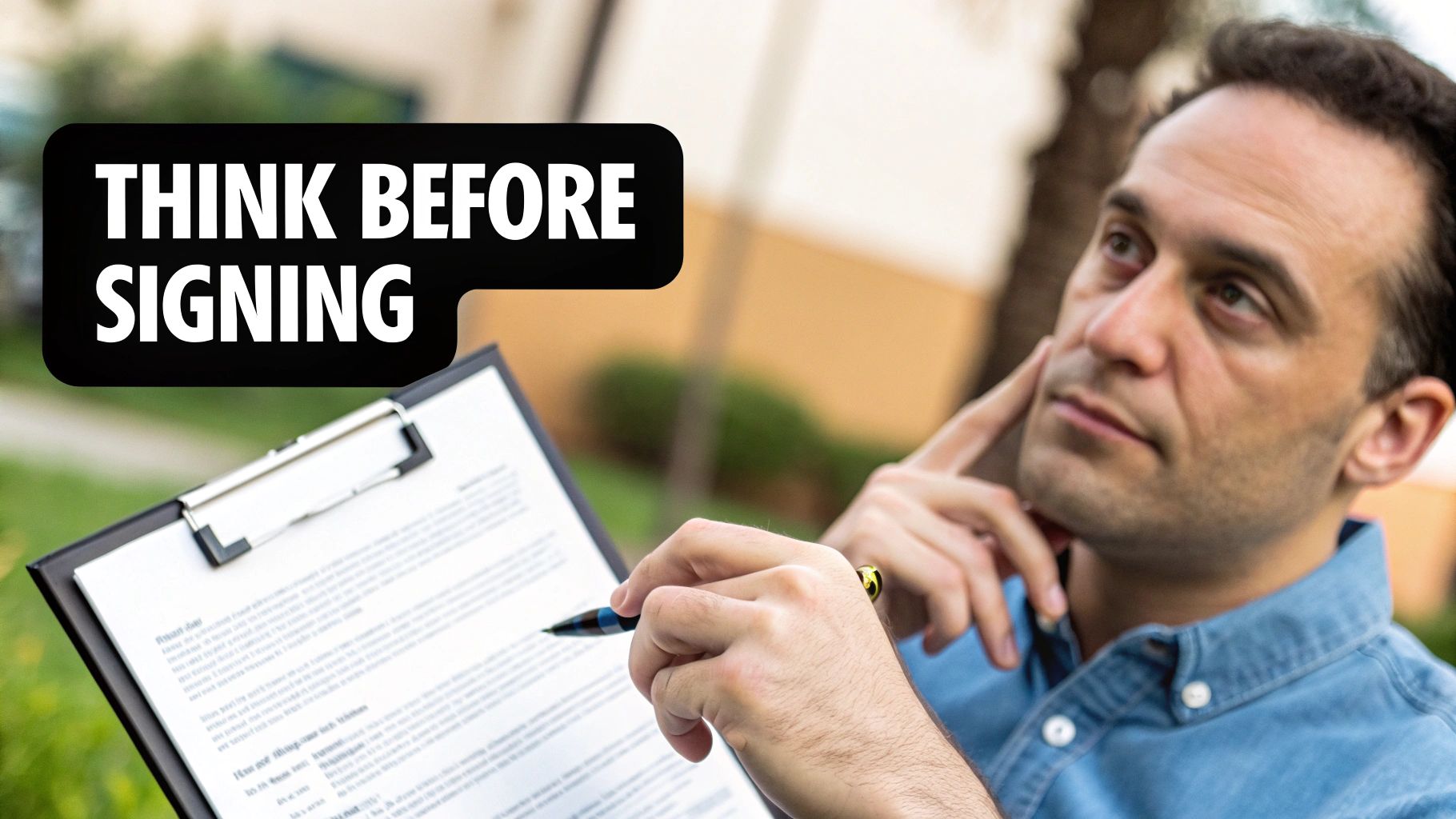A thoughtful man holding a document on a clipboard, with text 'THINK BEFORE SIGNING'.