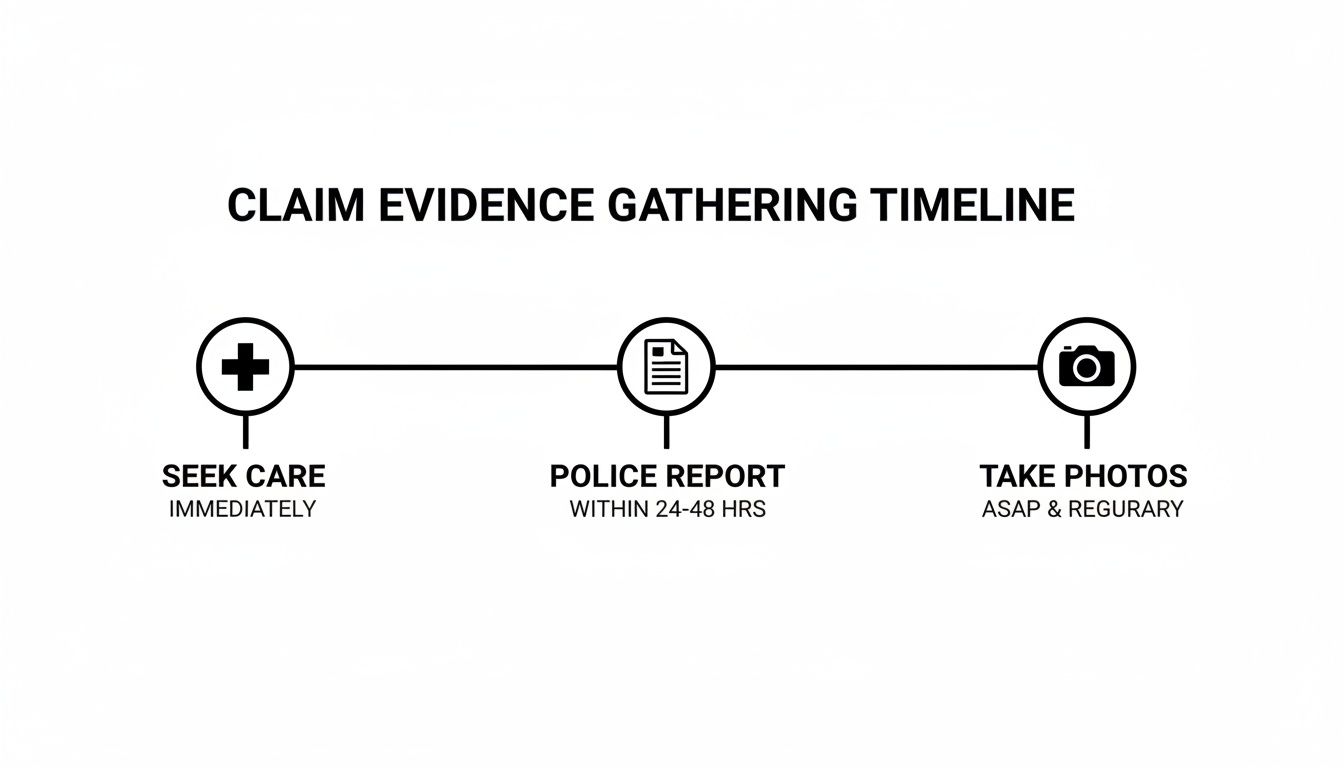A claim evidence gathering timeline showing steps: seek care, police report, and take photos.