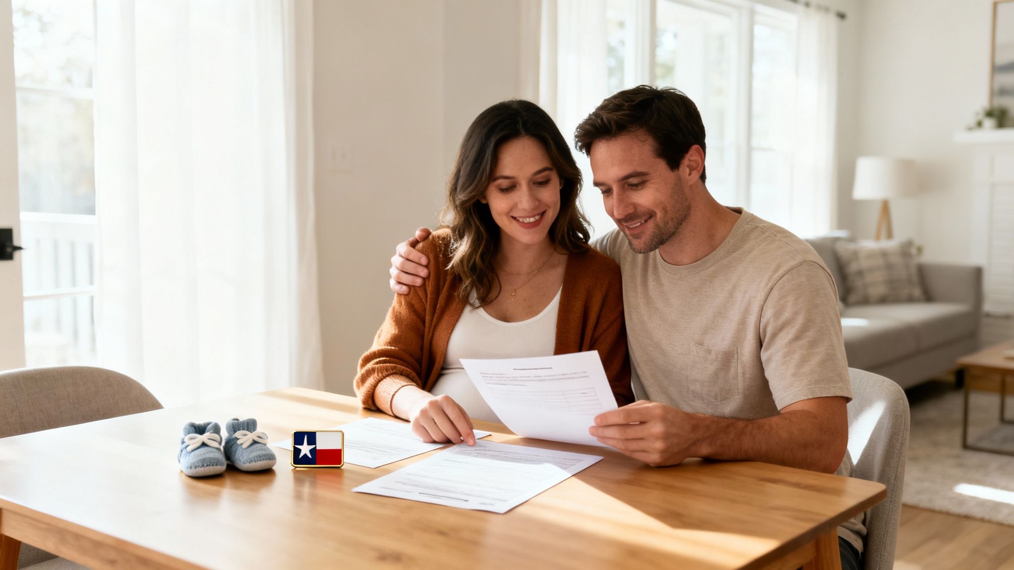 A happy pregnant couple reviews adoption papers for their infant in Texas.