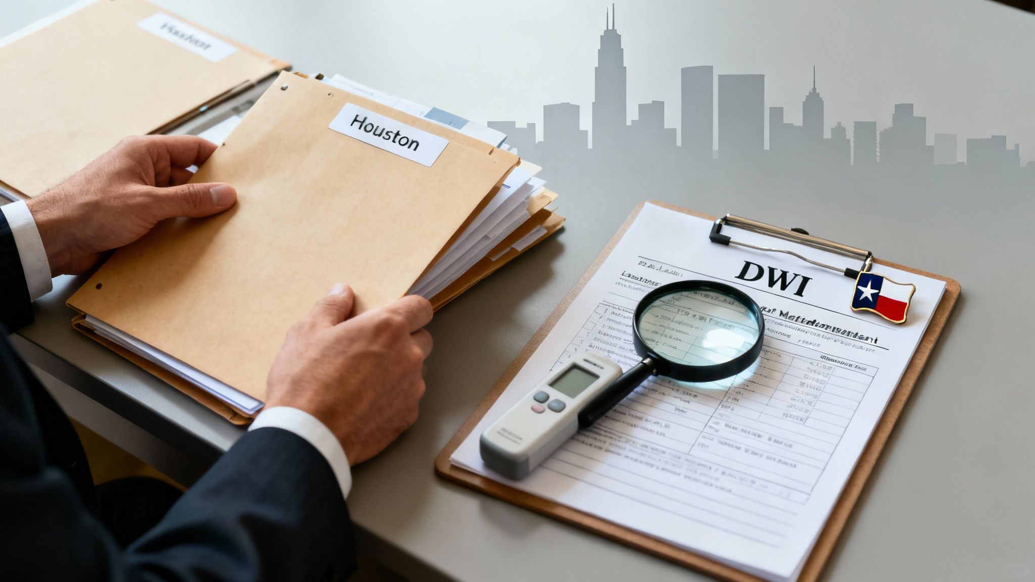 Hands holding a file labeled "Houston" alongside a DWI report and a magnifying glass, symbolizing legal defense strategies for DWI cases in Texas.