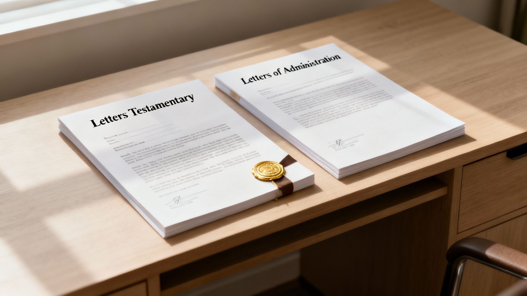 Letters Testamentary and Letters of Administration documents on a wooden desk, symbolizing Texas probate law and the distinction between estate management processes.