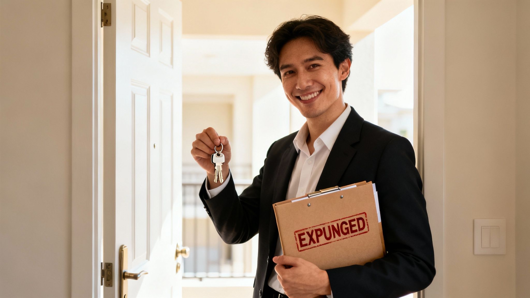 Man in a suit holding keys and a clipboard marked "EXPUNGED," standing in a doorway, symbolizing the successful expungement of criminal records in Texas.