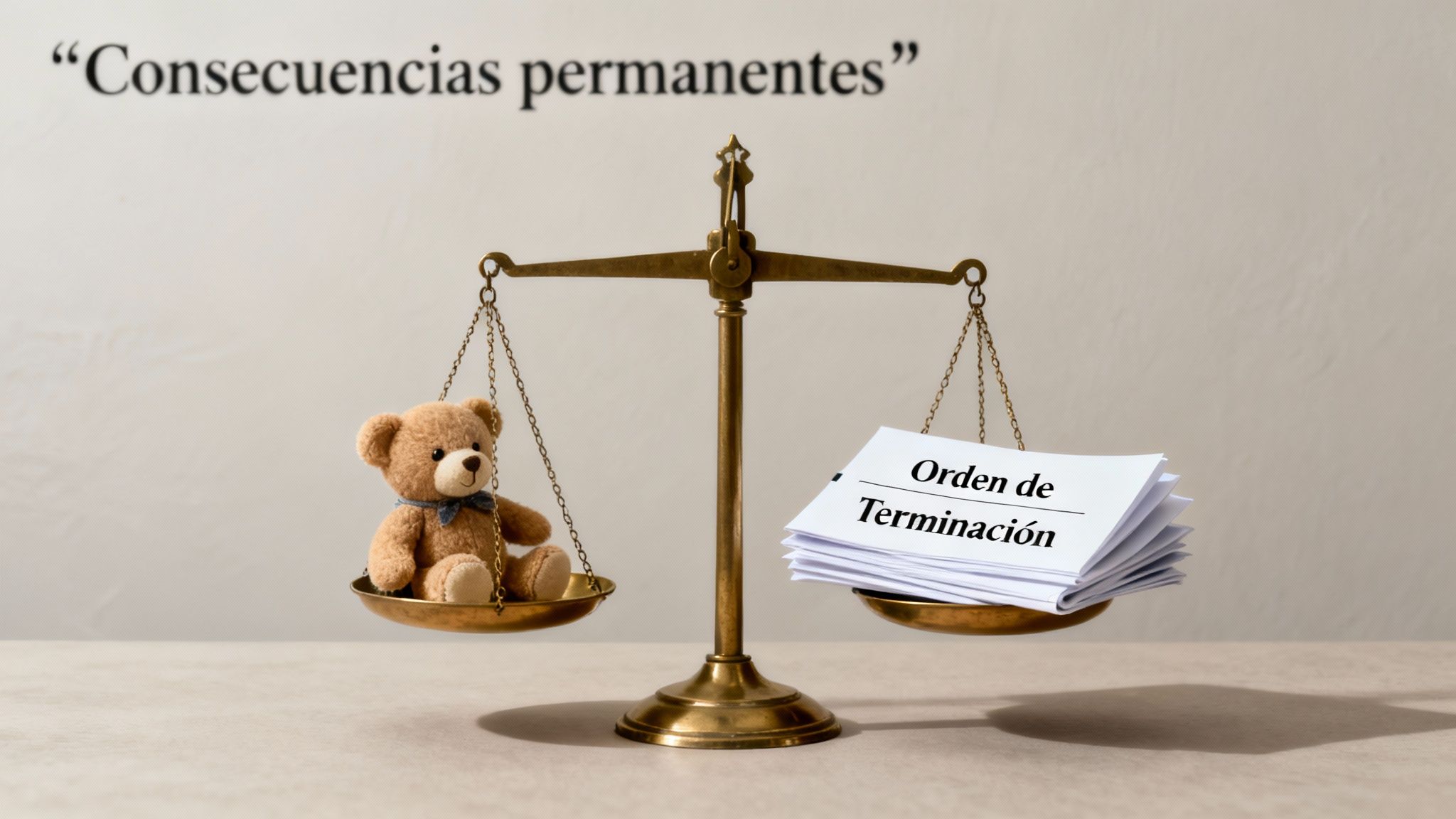 Balanza de la justicia con un oso de peluche y órdenes de terminación, simbolizando consecuencias permanentes.