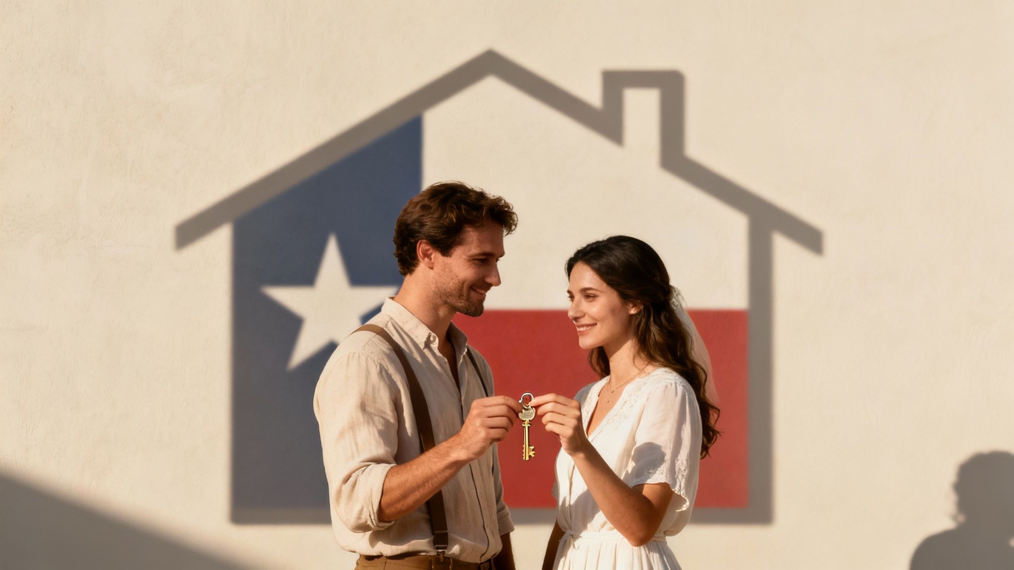 Couple holding house keys in front of a Texas flag mural, symbolizing community property and homeownership in Texas during divorce discussions.