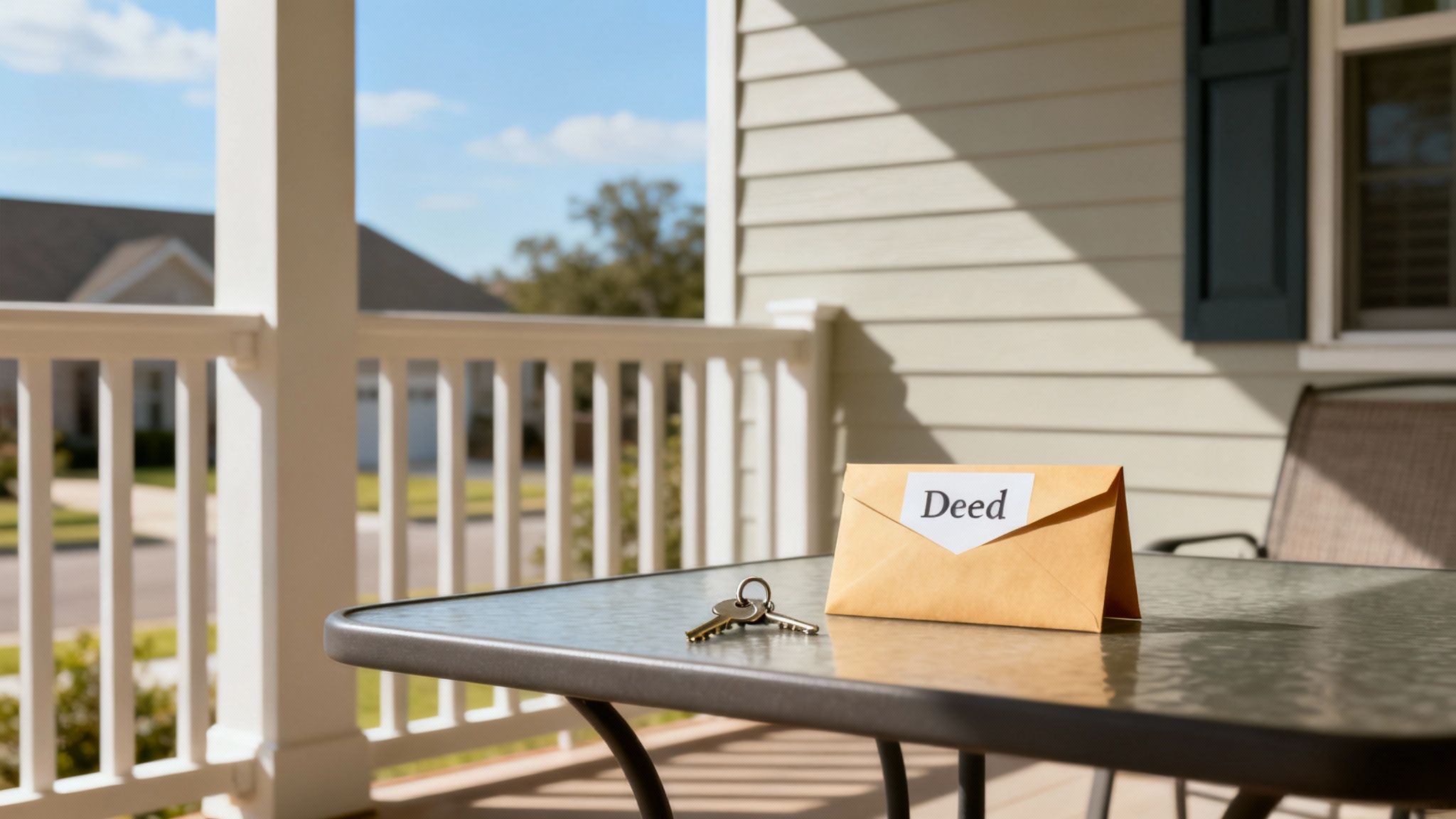 Envelope labeled "Deed" and house keys on a table, symbolizing the process of transferring real estate into a trust for estate planning.