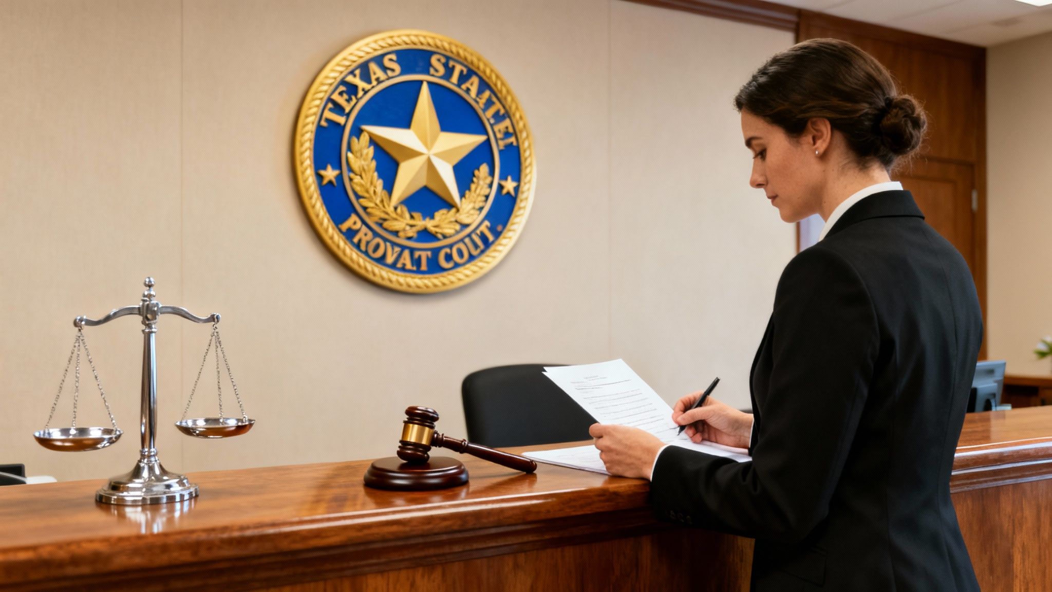 A judge's gavel on a desk in a courtroom representing the Texas guardianship hearing.