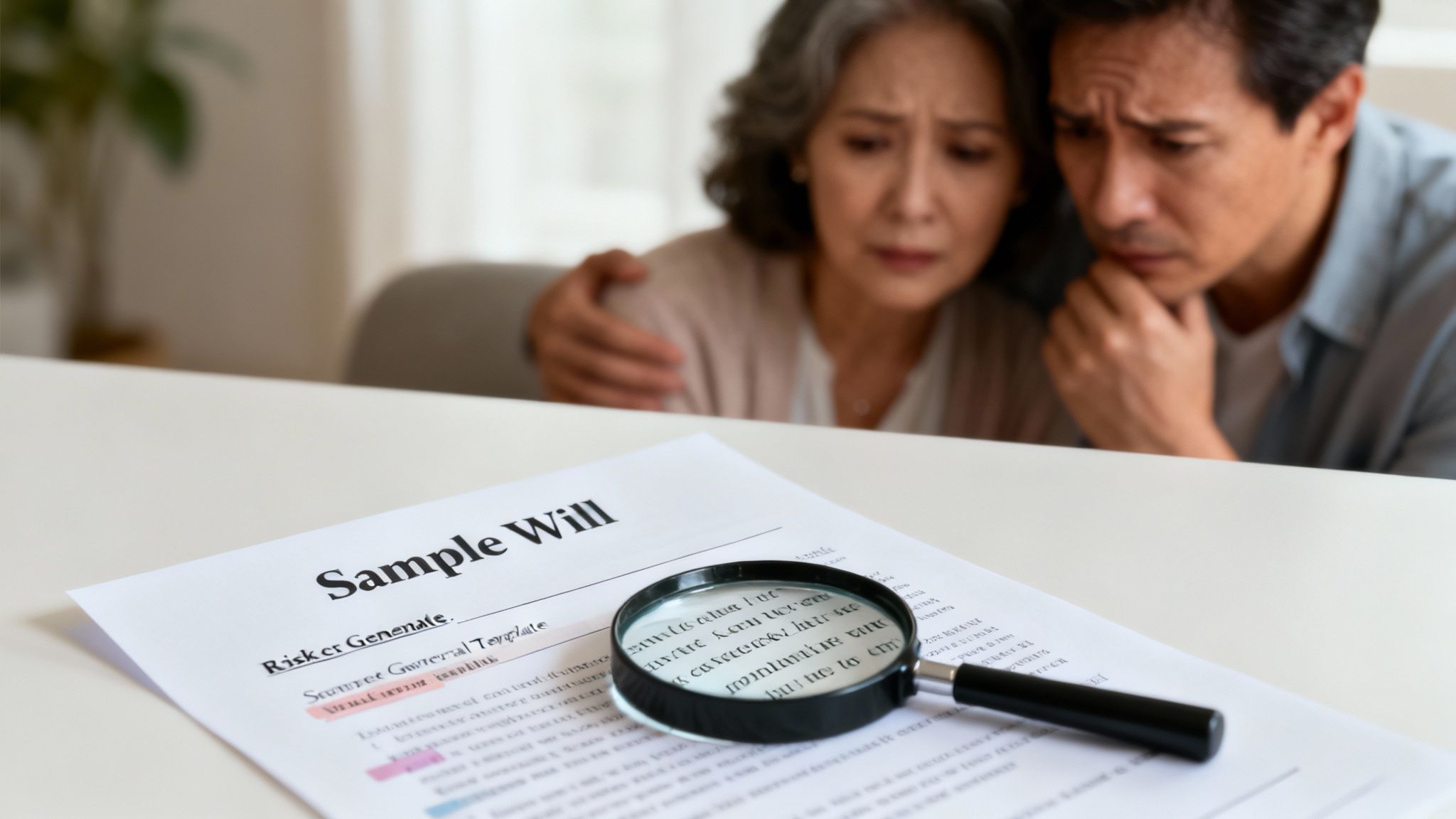 Distressed couple looking at a sample will document with a magnifying glass on a table.