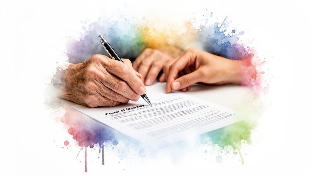 Hands of an elderly person and a younger individual signing a Power of Attorney document, symbolizing proactive legal planning and family empowerment.