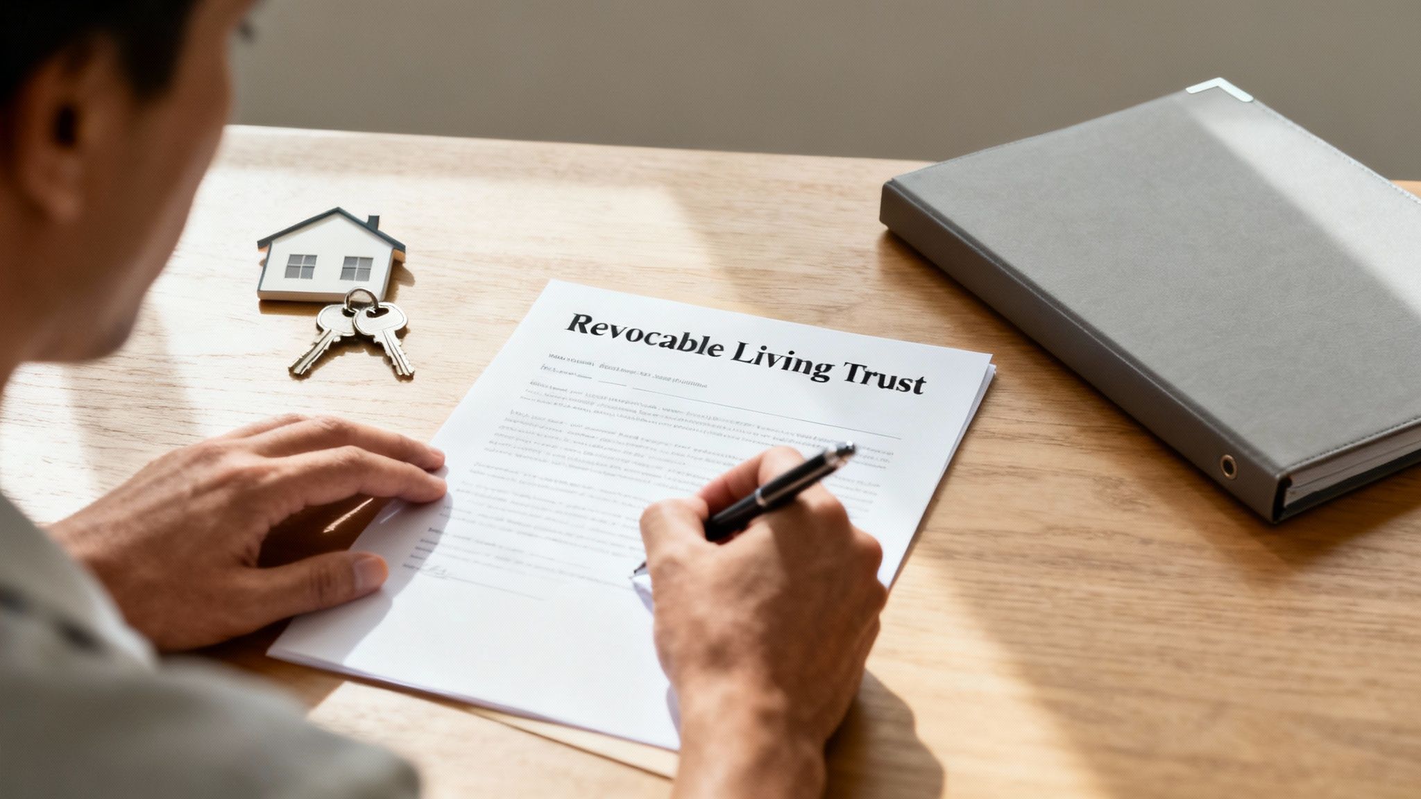 Person signing a revocable living trust document with a house keychain and a binder on a wooden table, illustrating estate planning for privacy and asset management.