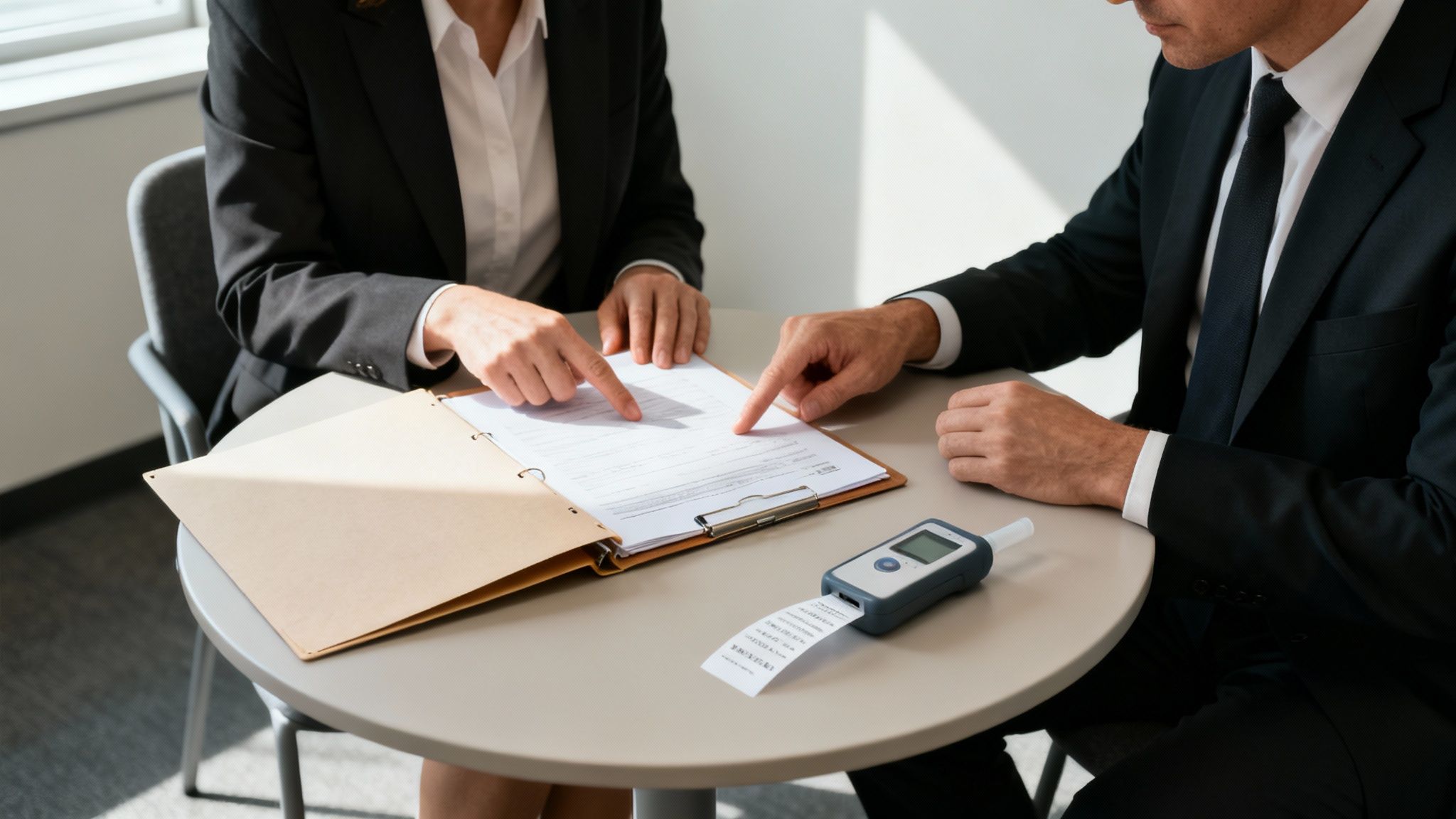 Two professionals review documents on a table, with a breathalyzer showing printed results.