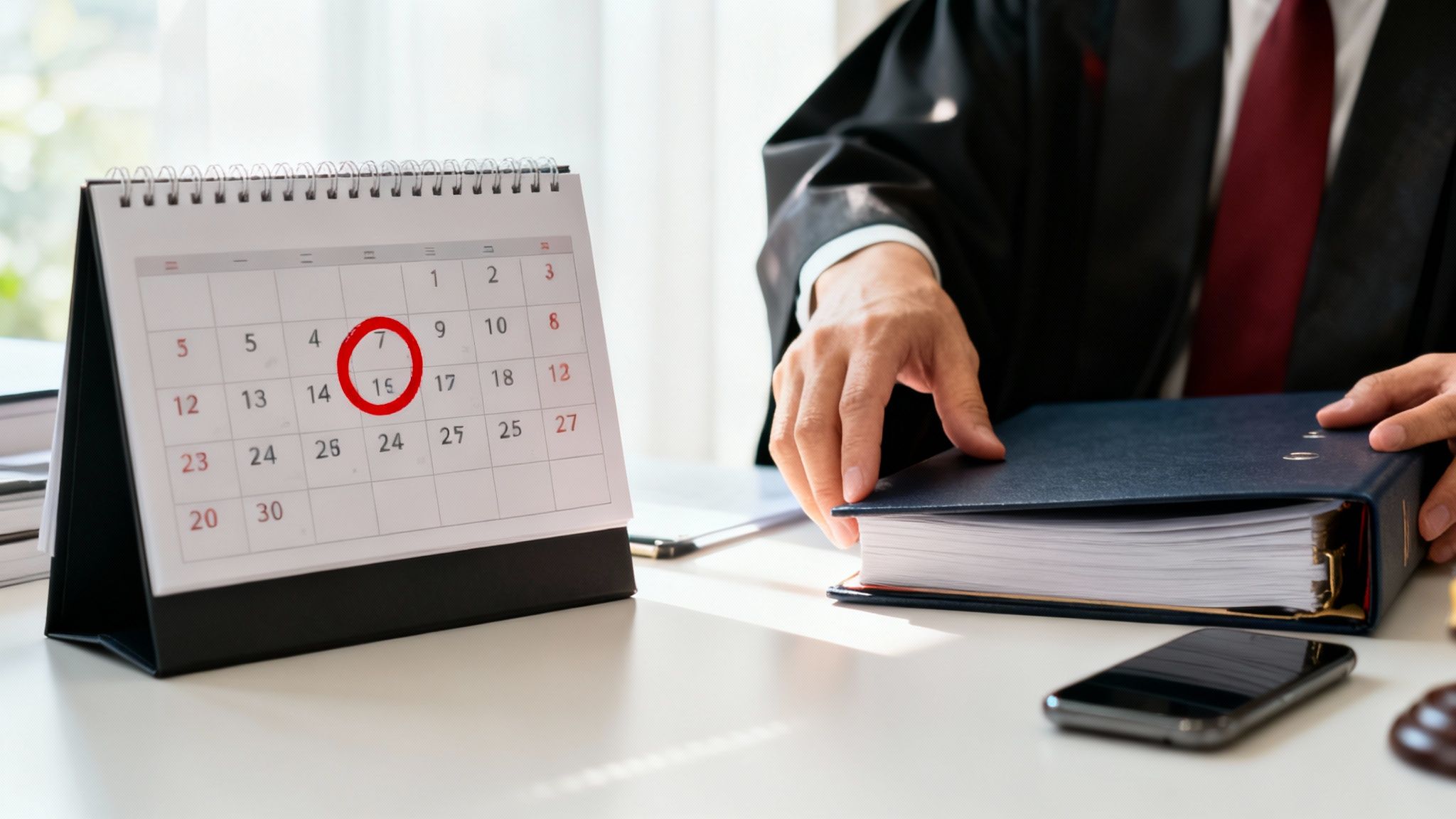 A lawyer adjusts a legal binder on a desk, next to a calendar with a red-circled date.