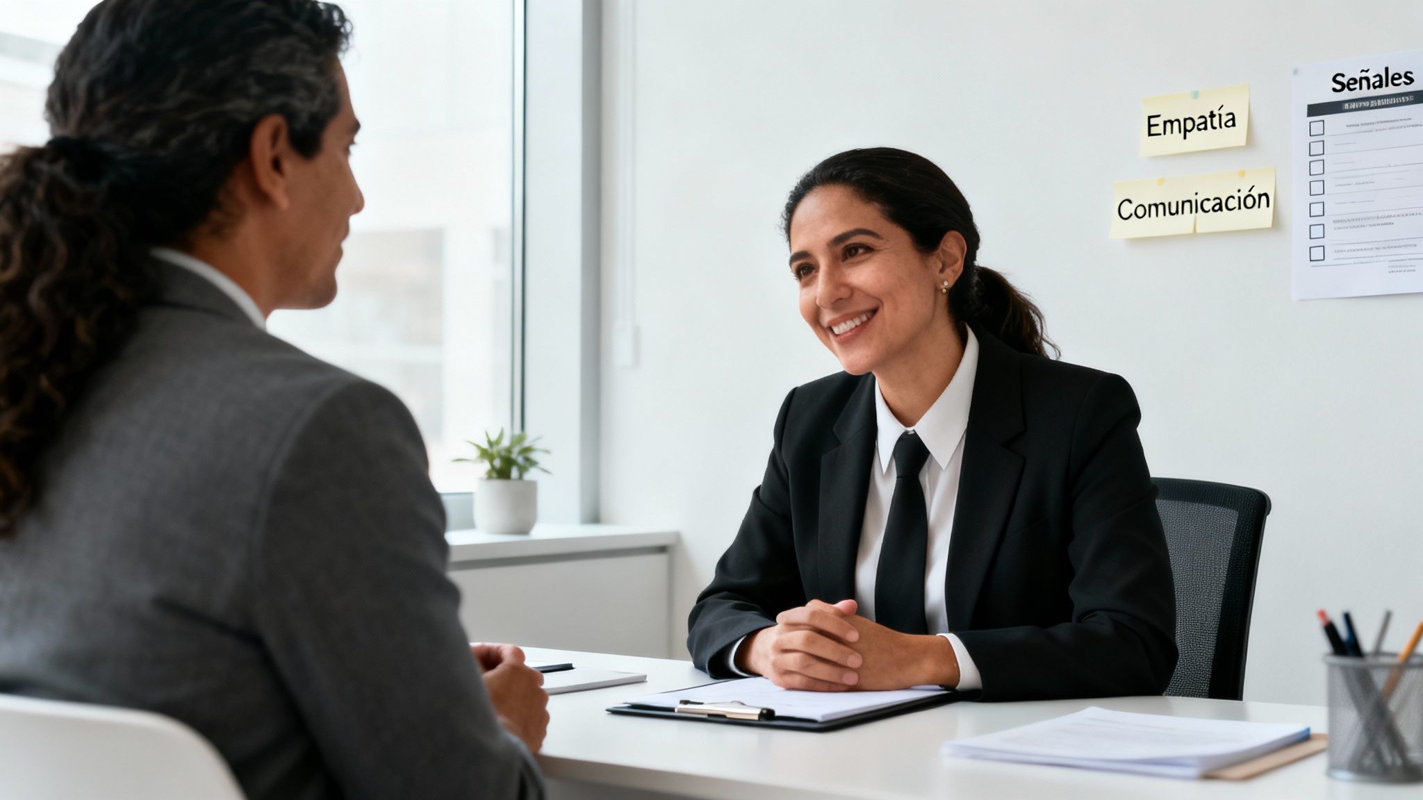 Dos profesionales, hombre y mujer, conversan en una oficina con notas sobre empatía y comunicación.