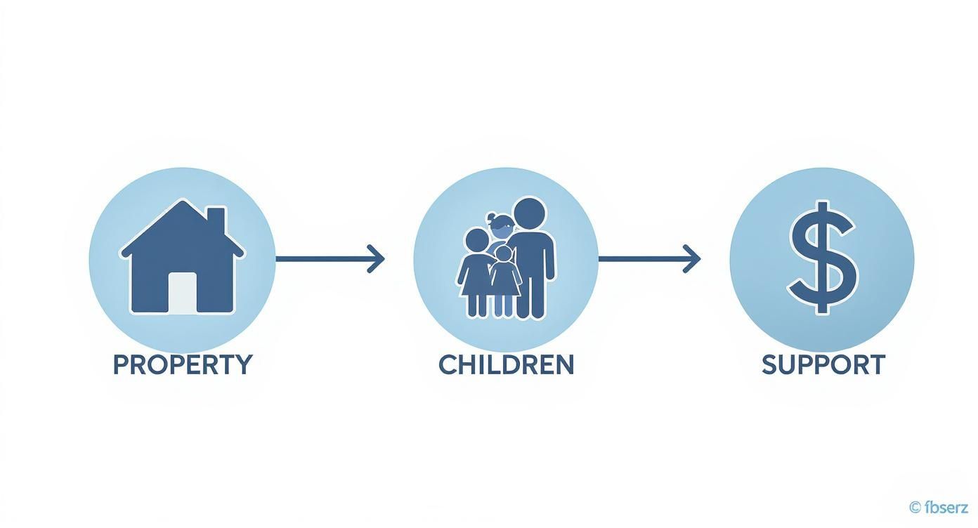 Flowchart showing property division, children custody considerations, and financial support in divorce proceedings