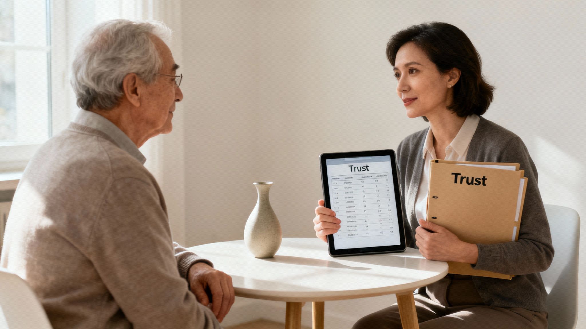 Woman presenting trust documentation on a tablet to an older man at a table, emphasizing estate planning and financial management discussions.