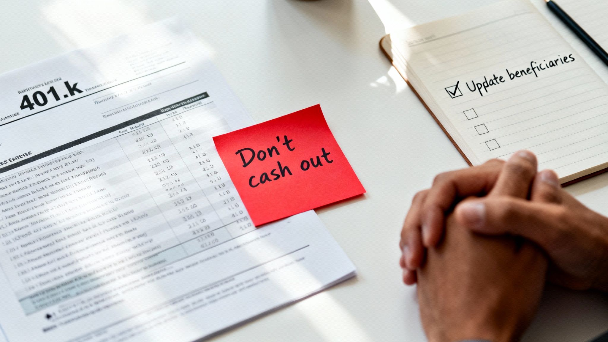 Hands on a table next to a 401k statement, a reminder to 'Don't cash out,' and a checklist to 'Update beneficiaries.'