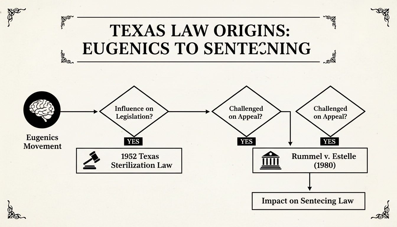 Flowchart detailing the origins of Texas sentencing law from the Eugenics Movement to Rummel v. Estelle.
