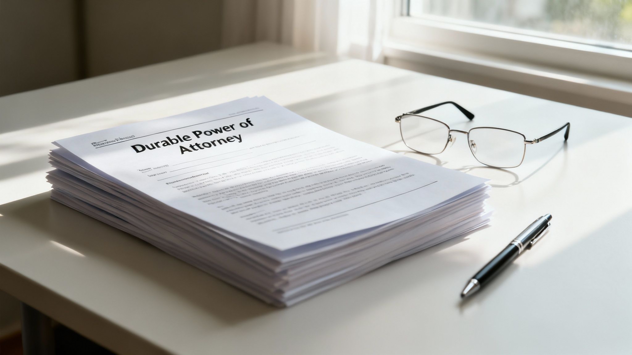 A happy elderly couple reviewing legal documents with their family