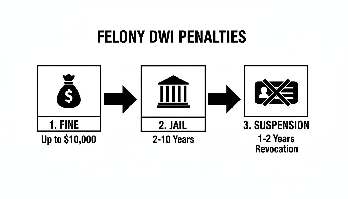 Flowchart illustrating felony DWI penalties: fine up to $10,000, 2-10 years jail, and 1-2 years license suspension.