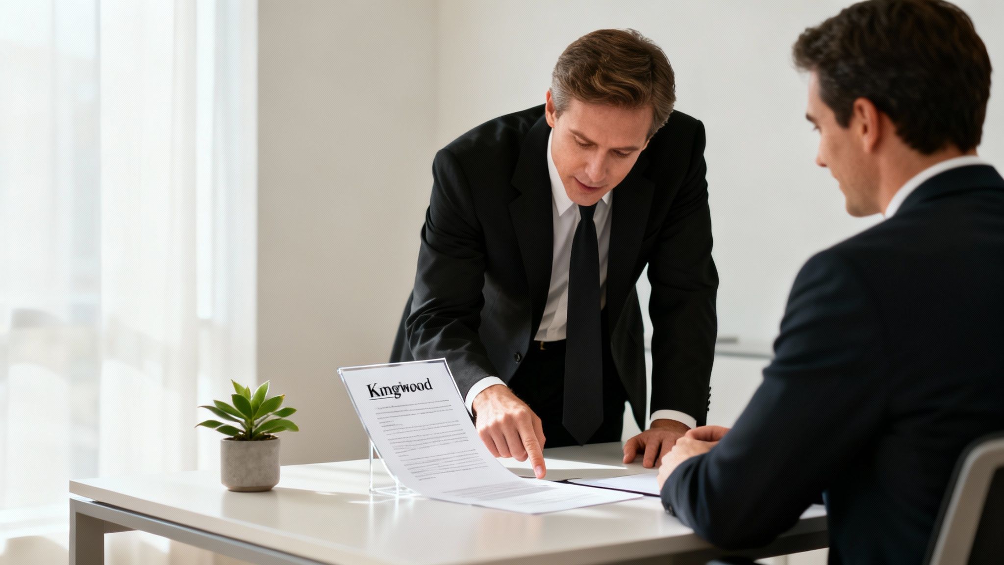 Two suited businessmen in an office discussing a document labeled 'Kingwood' during a consultation.