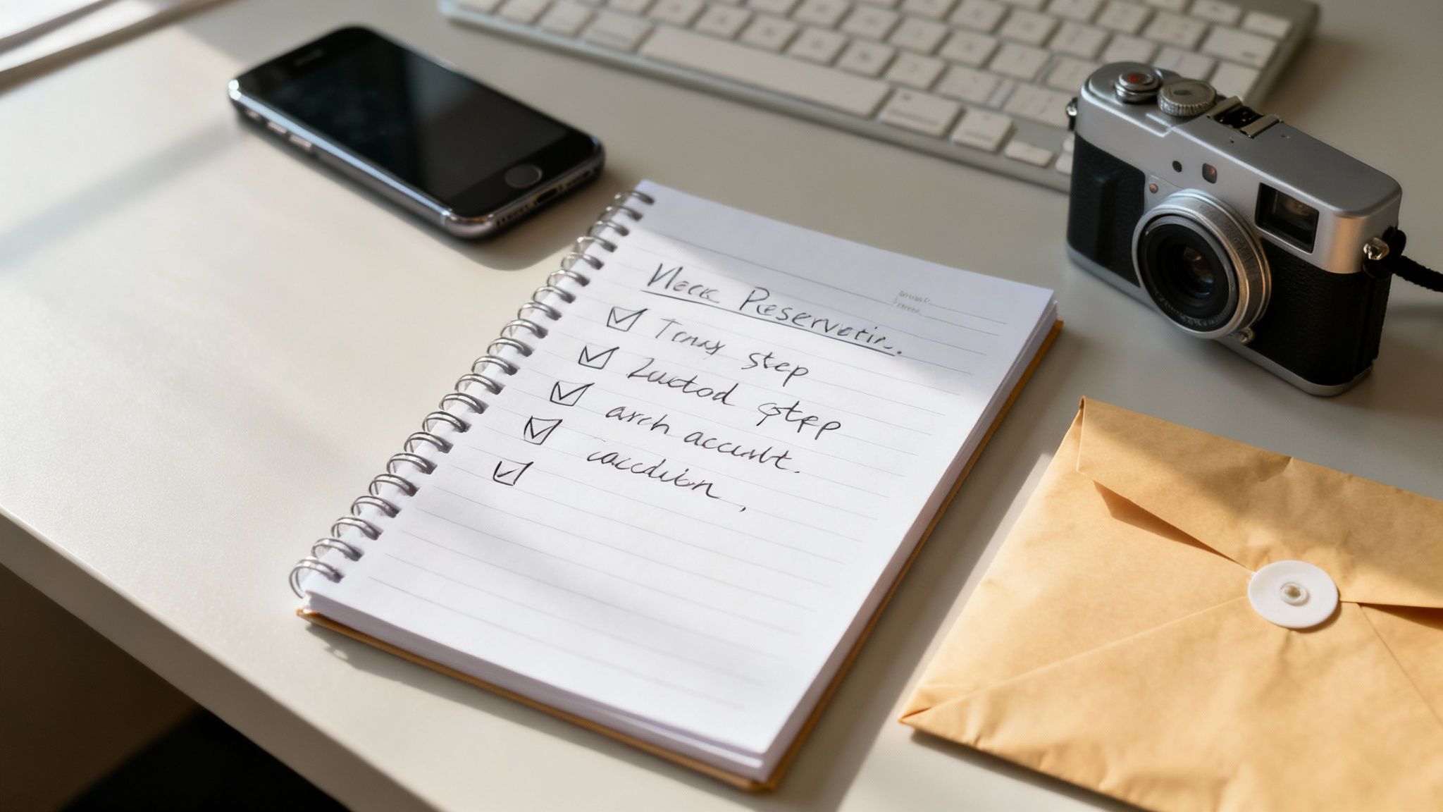 A flat lay of a desk with a spiral notebook, smartphone, camera, and an envelope.